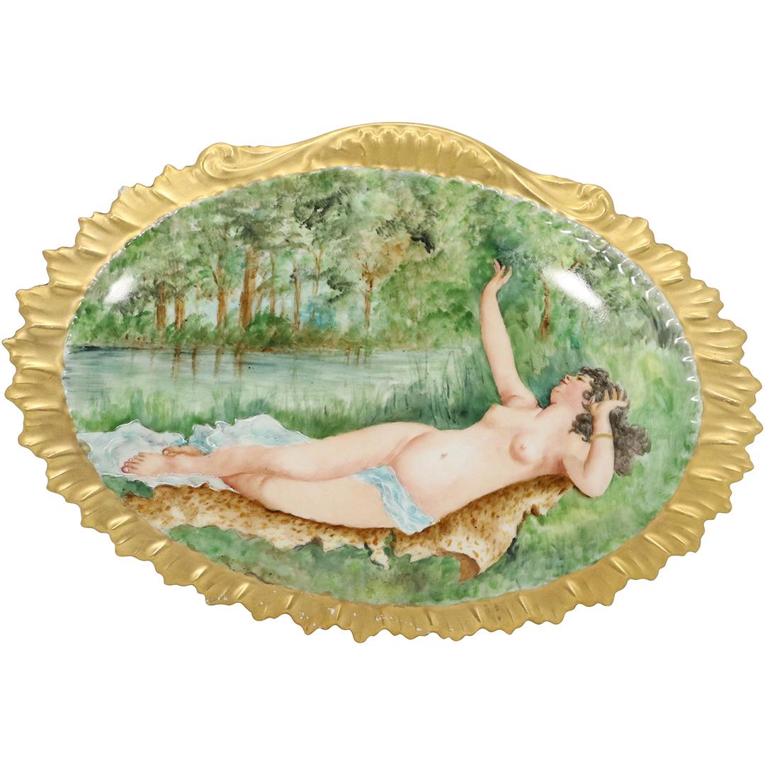 Fine Hand Paint Porcelain Plaque Reclining Nude, Signed: A Judkins Weaver. Size: 9.5h 13.75: Fine Hand Paint Porcelain Plaque Reclining Nude, Signed: A Judkins Weaver. Antique 19th C. Size: 9.5h 13.75