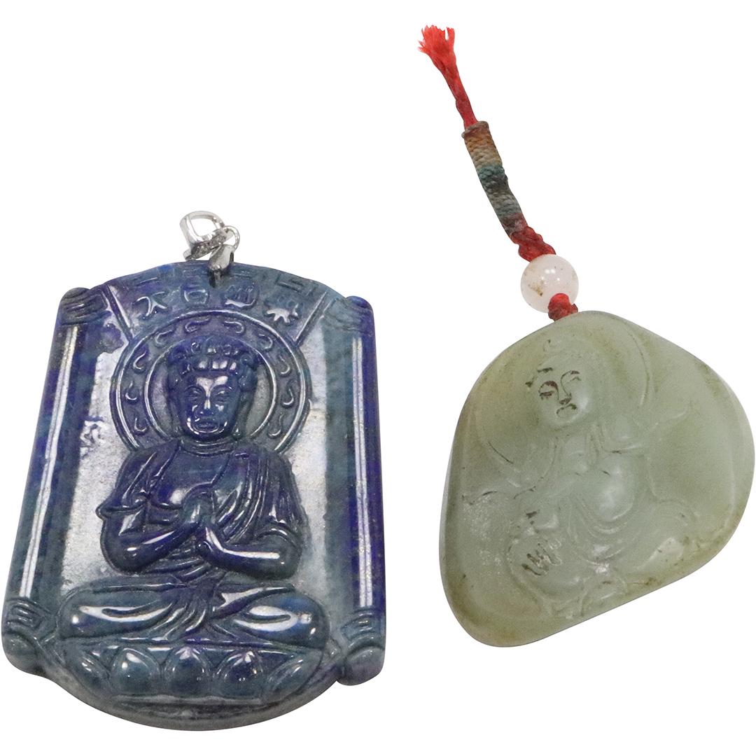 [2] Two JADE PENDANTS - Carved Buddha Blue Jade with .925 bale; Green Jade Pendant (1 of 9)