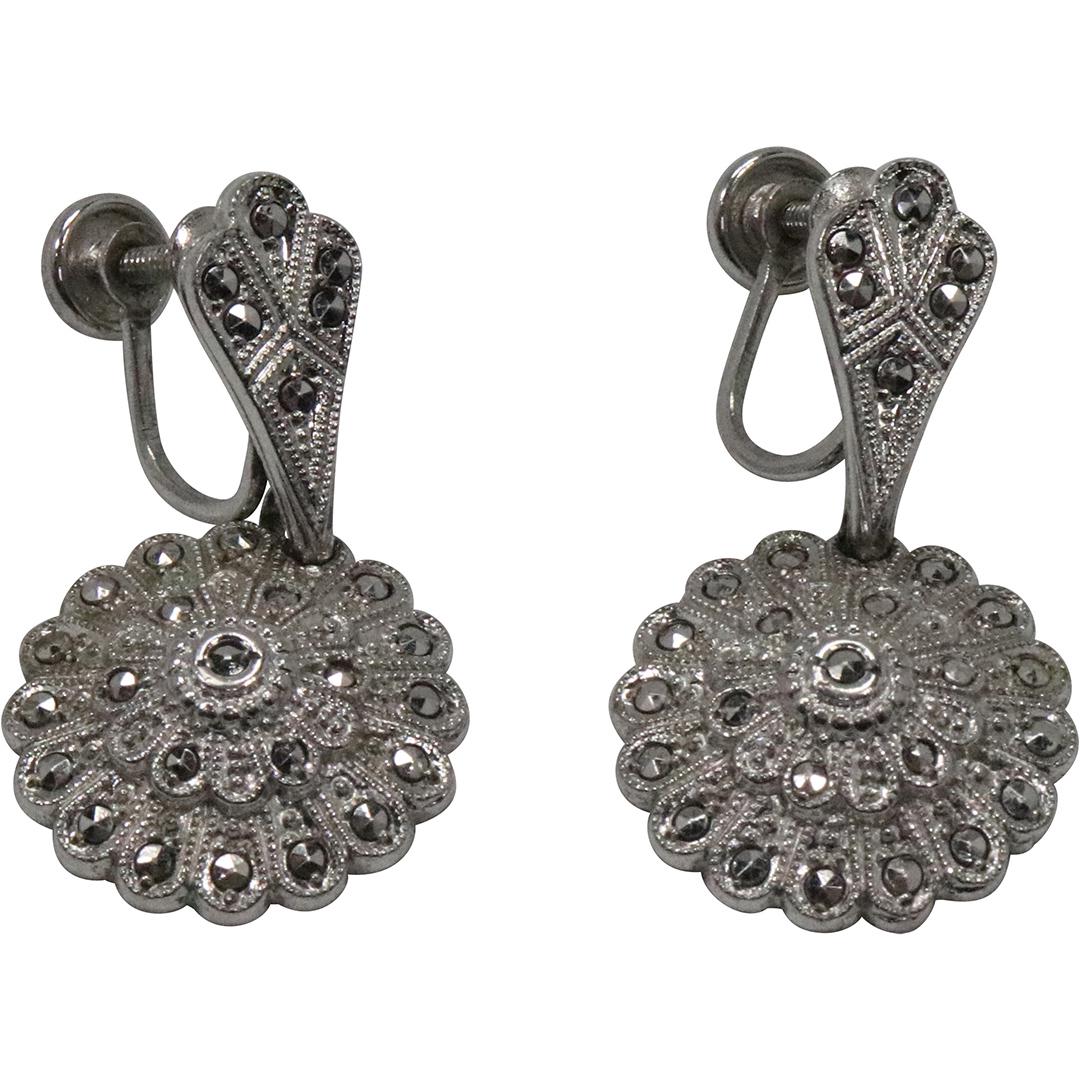 STERLING SILVER and MARCASITES Fancy Screw Back Earrings (1 of 6)