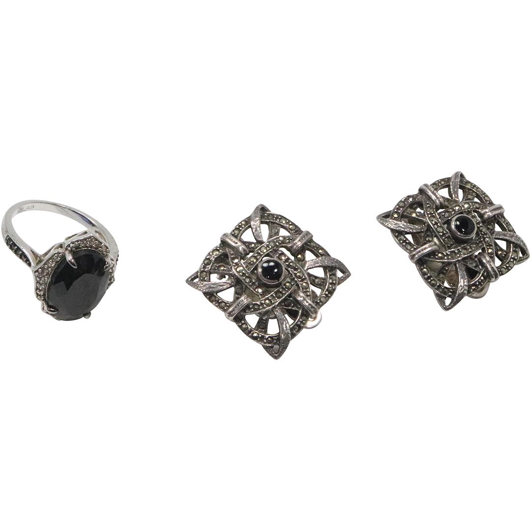 .925 Sterling Silver Ring Black Onyx Spinels & .925 Earrings  Black Onyx Marcasites (1 of 10)
