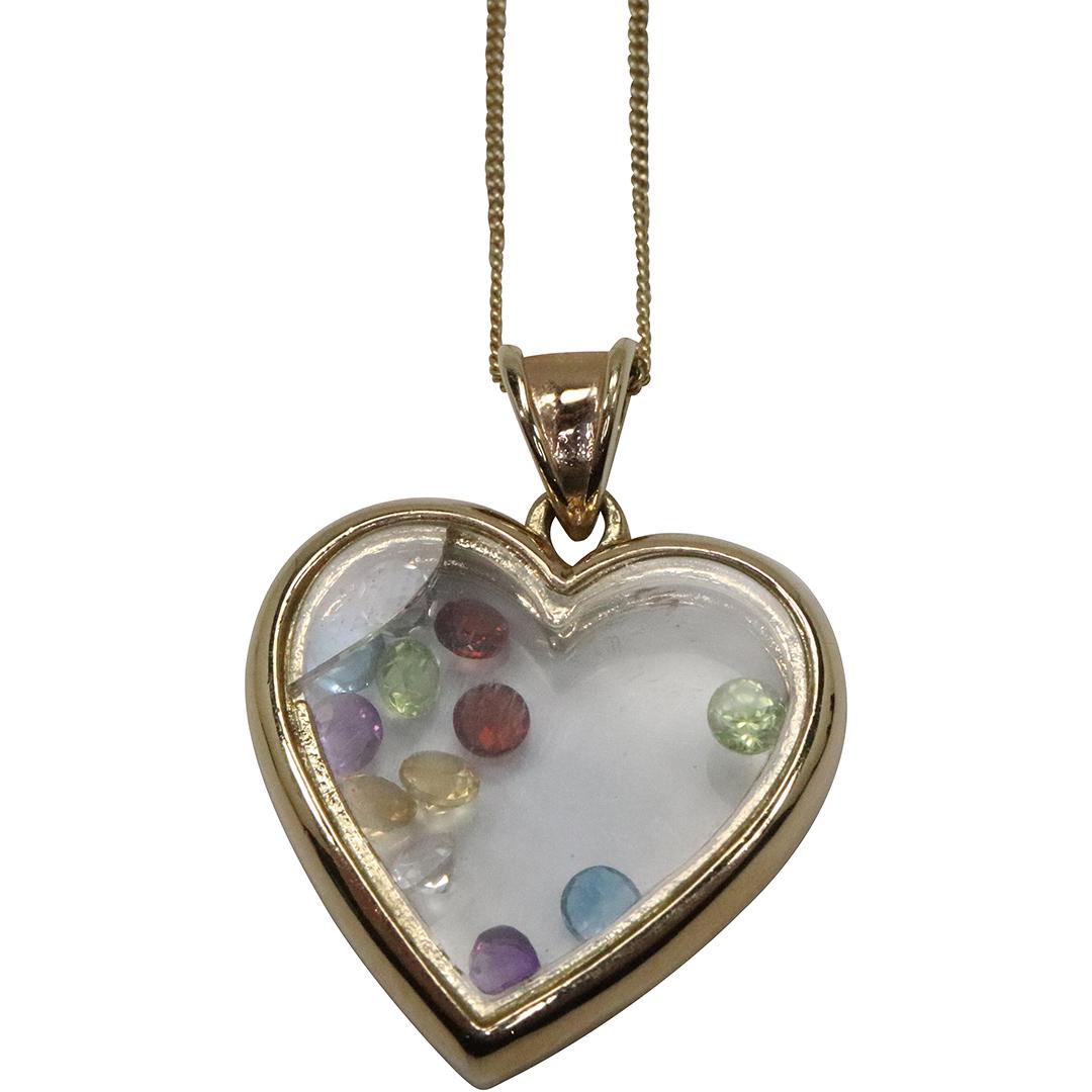14K Gold Heart Pendant with Internal Color Stones Necklace: 14K Gold Heart Pendant [tests 14K] with Internal Color Stones Necklace. size: 18 in. chain is marked .925 Italy [Sterling Silver], pendant 1 1/4 in. x 7/8 in/.
