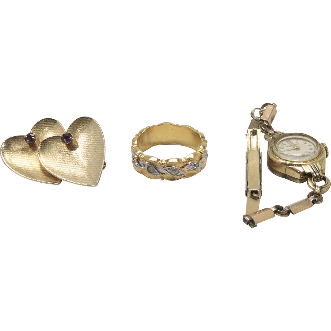 10K Roll Gold Bulova; Ring 10K GF Size 8; 12K Double Heart Pin with Amethyst (1 of 10)