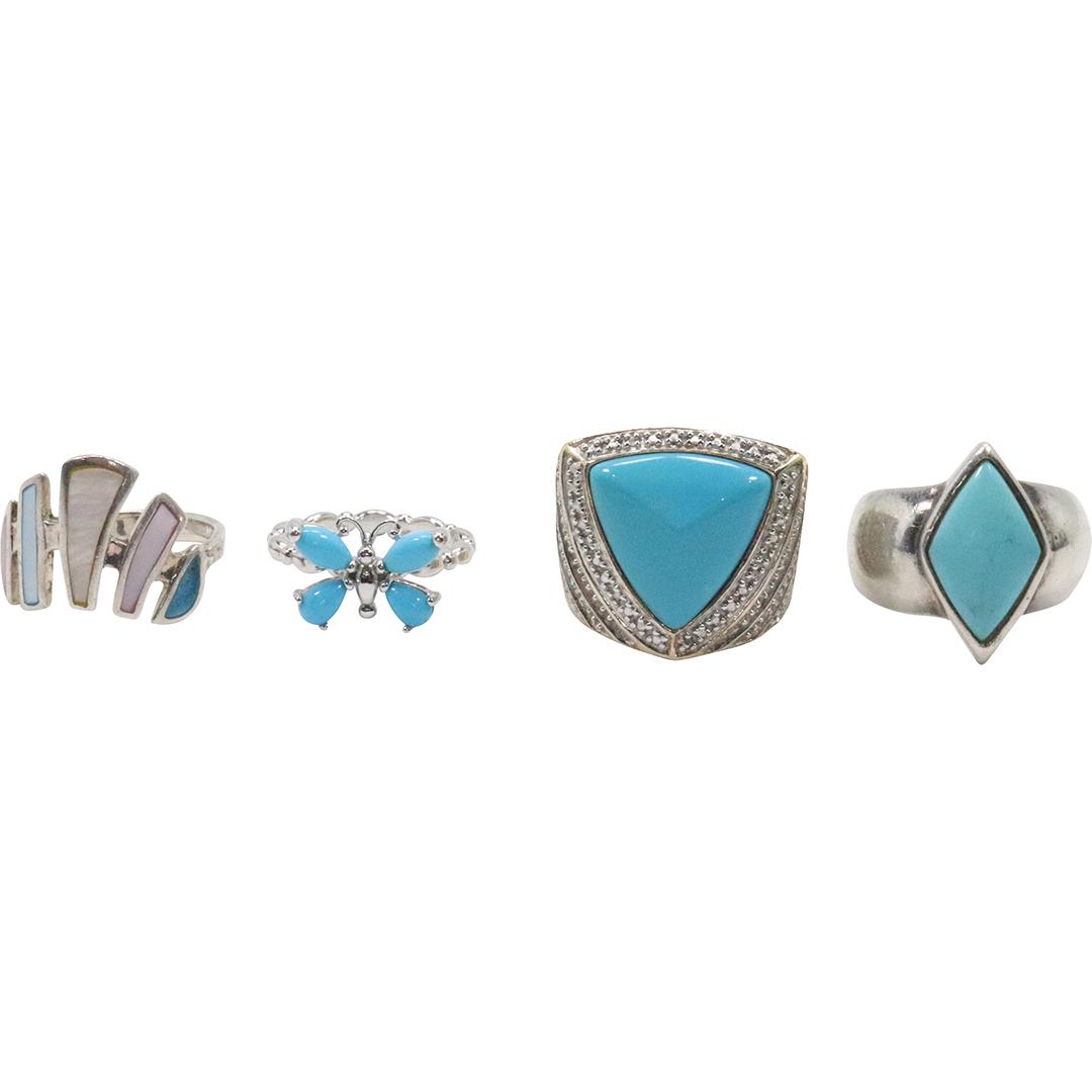[4] FOUR Assorted .925 STERLING SILVER TURQUOISE RINGS Sizes 6. 8. 5.5, 7 (1 of 17)