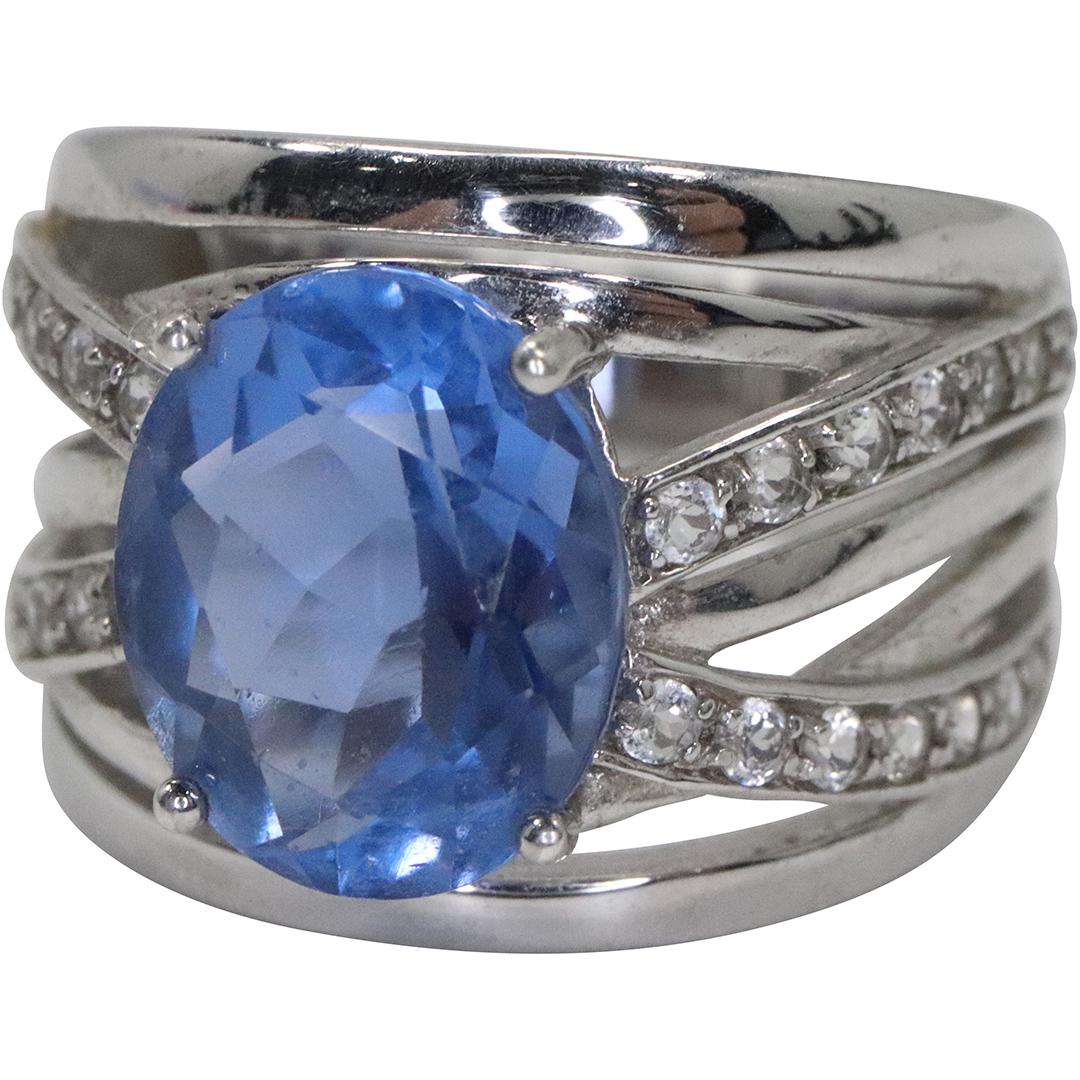 .925 Large Blue Spinel & Clear Spinels Ring Size 6.25 ; 3.4 in. x 1/2 in.: .925 Large Blue Spinel & Clear Spinels Ring Size 6.25 ; 3.4 in. x 1/2 in.