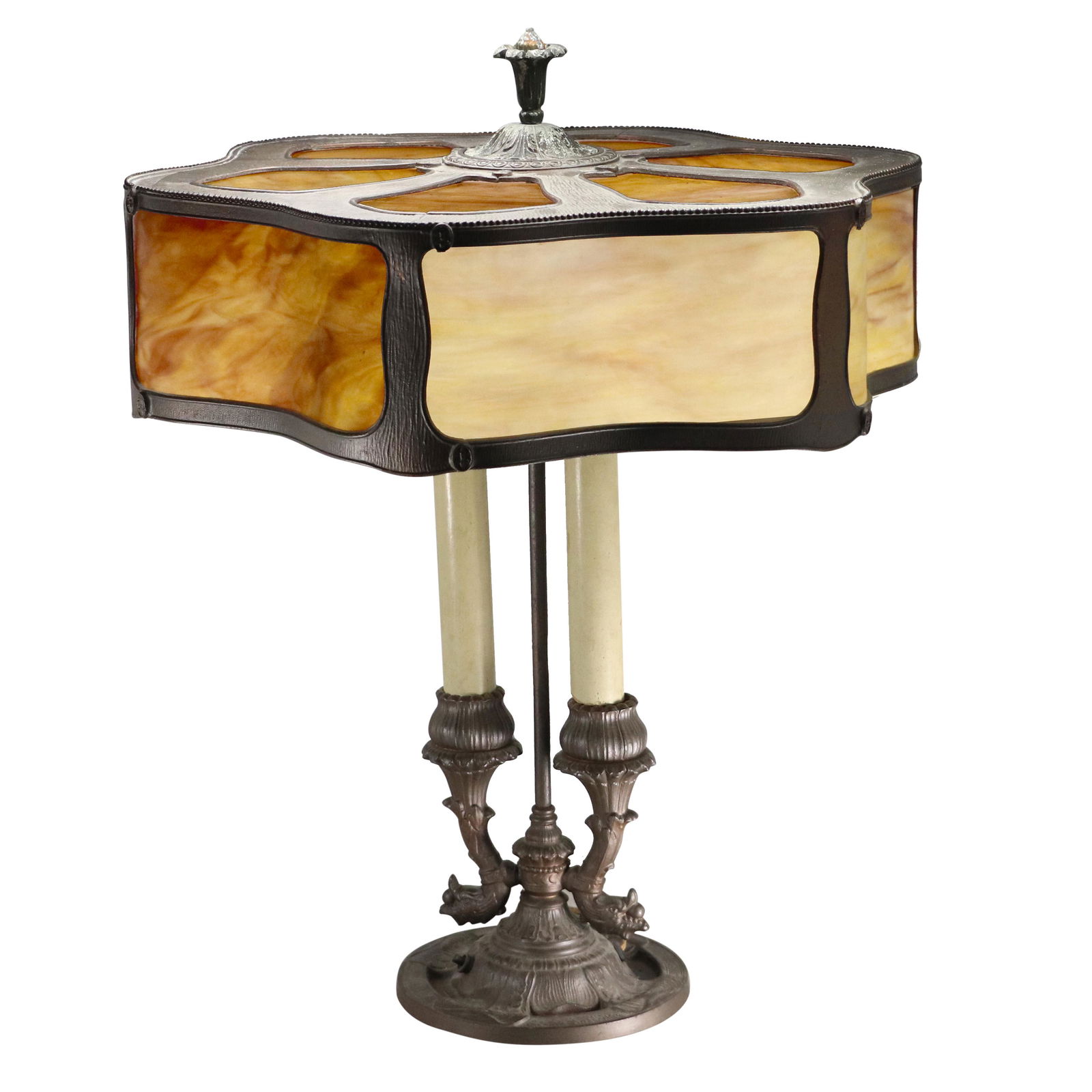 Signed RAINAUD Antique 6-PANEL CURVED SLAG GLASS TABLE LAMP (1 of 19)