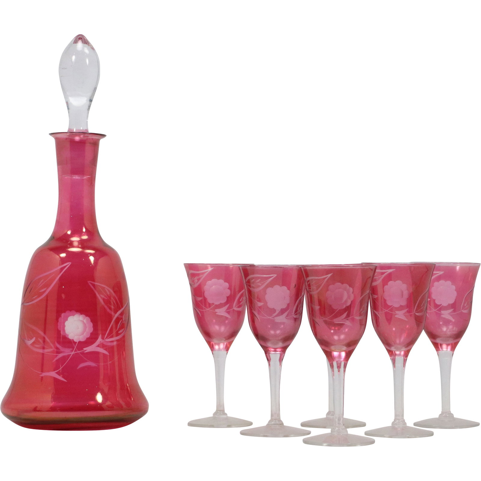 Cranberry Wheel Cut Glass Decanter with 6 Cranberry Wheel Cut Glass Stemware (1 of 16)