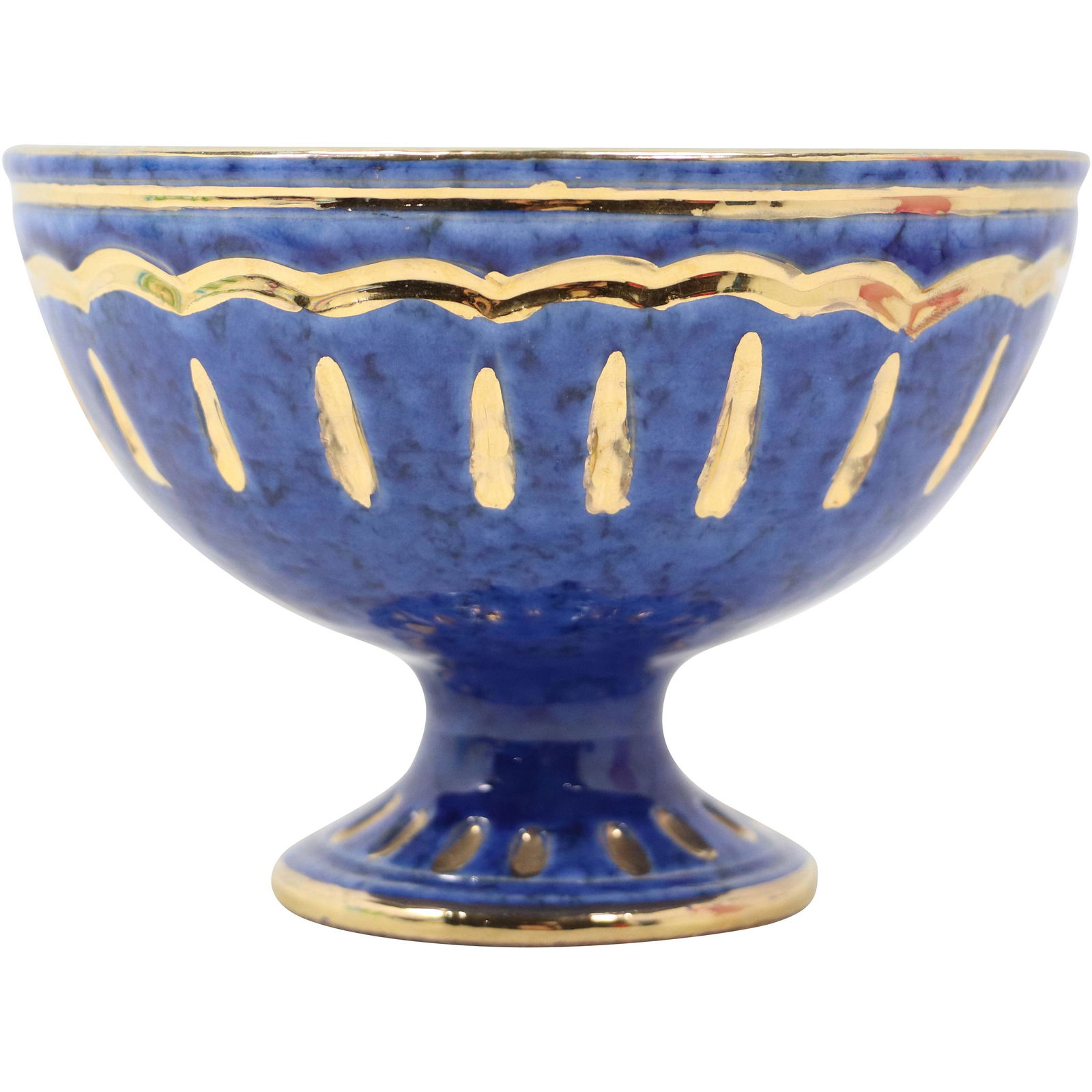 Italian Ceramic Blue and Green Glazed  Pedestal Bowl Gold Accent Decoration (1 of 7)