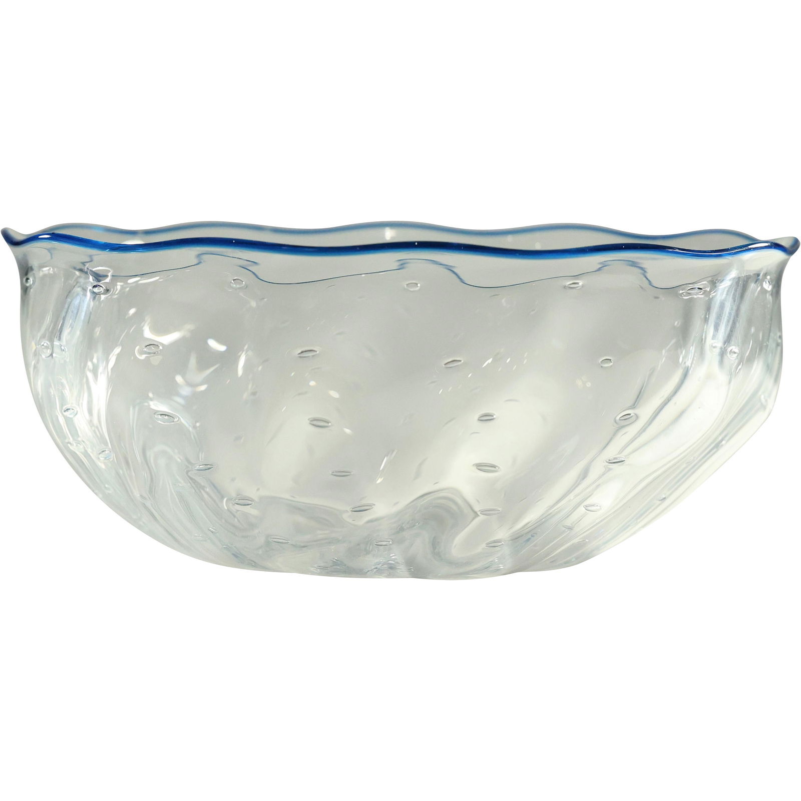 Signed TUNDRA GLASS Art Glass Bowl, Blue Rim, Controlled Bubbles (1 of 12)