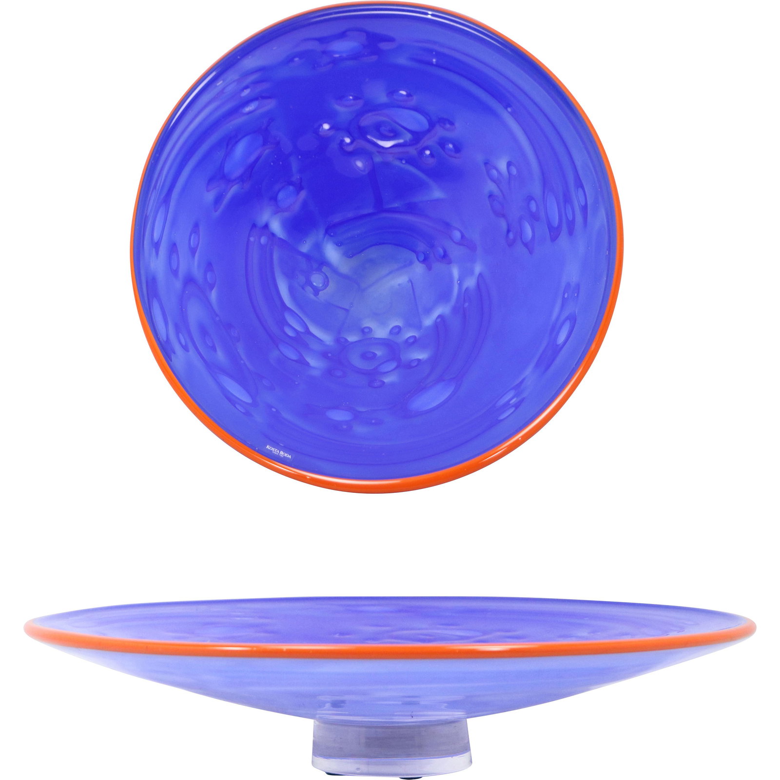 KOSTA BODA Blue Glass Round Pedestal Serving Tray Orange Rim (1 of 10)