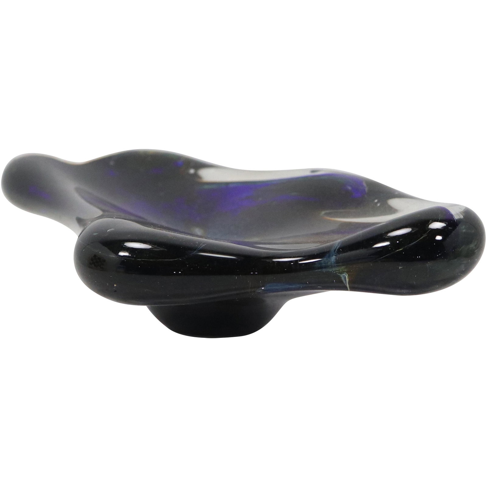 Artist Signed Studio Art Glass Blue and Clear Organic Form Bowl (1 of 10)