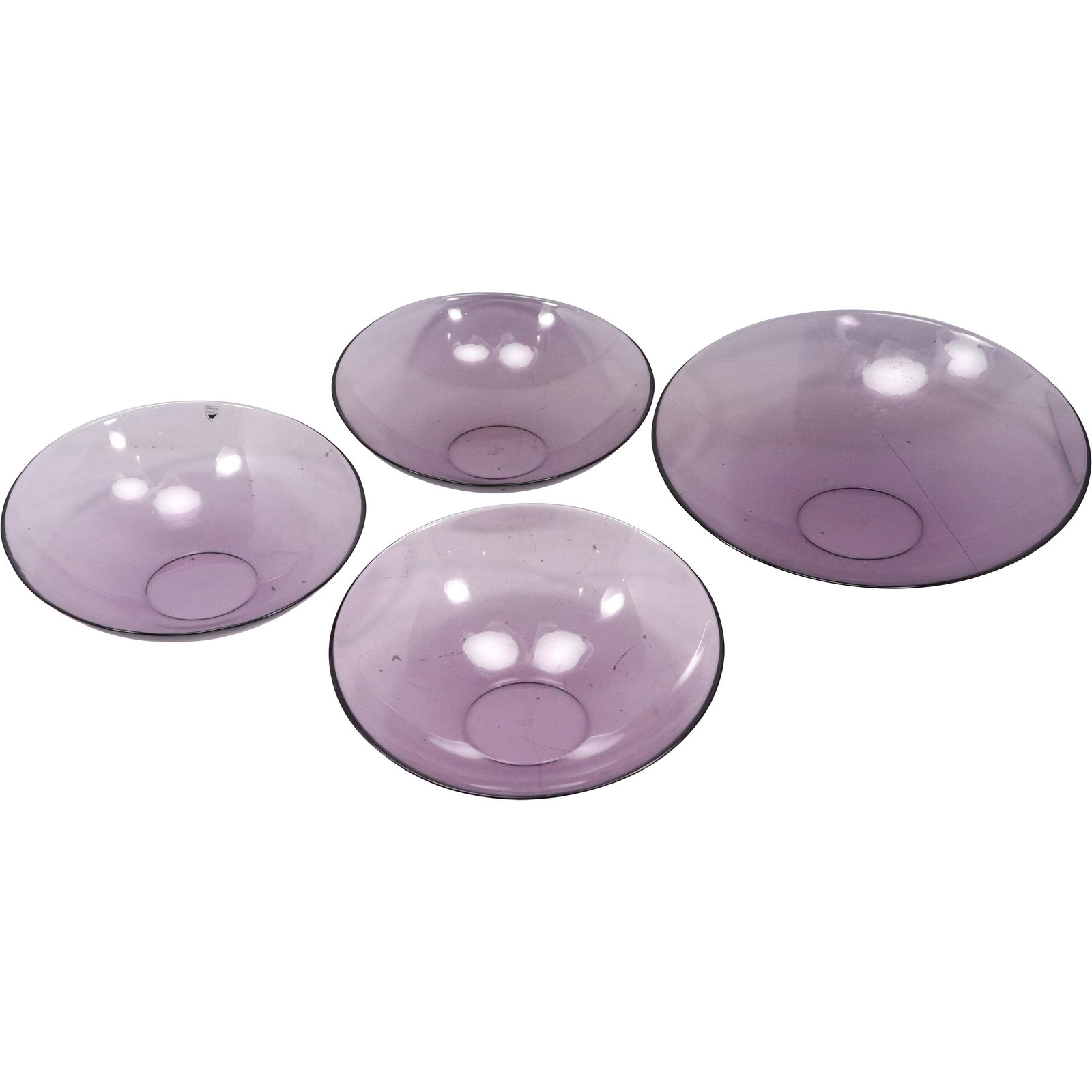 [4] FOUR Signed "ORREFORS Home" Amethyst Glass Bowls: [4] FOUR Signed "ORREFORS Home" Amethyst Glass Bowls. size: x3 small 3.25h 10.5w big 3.75w 13w