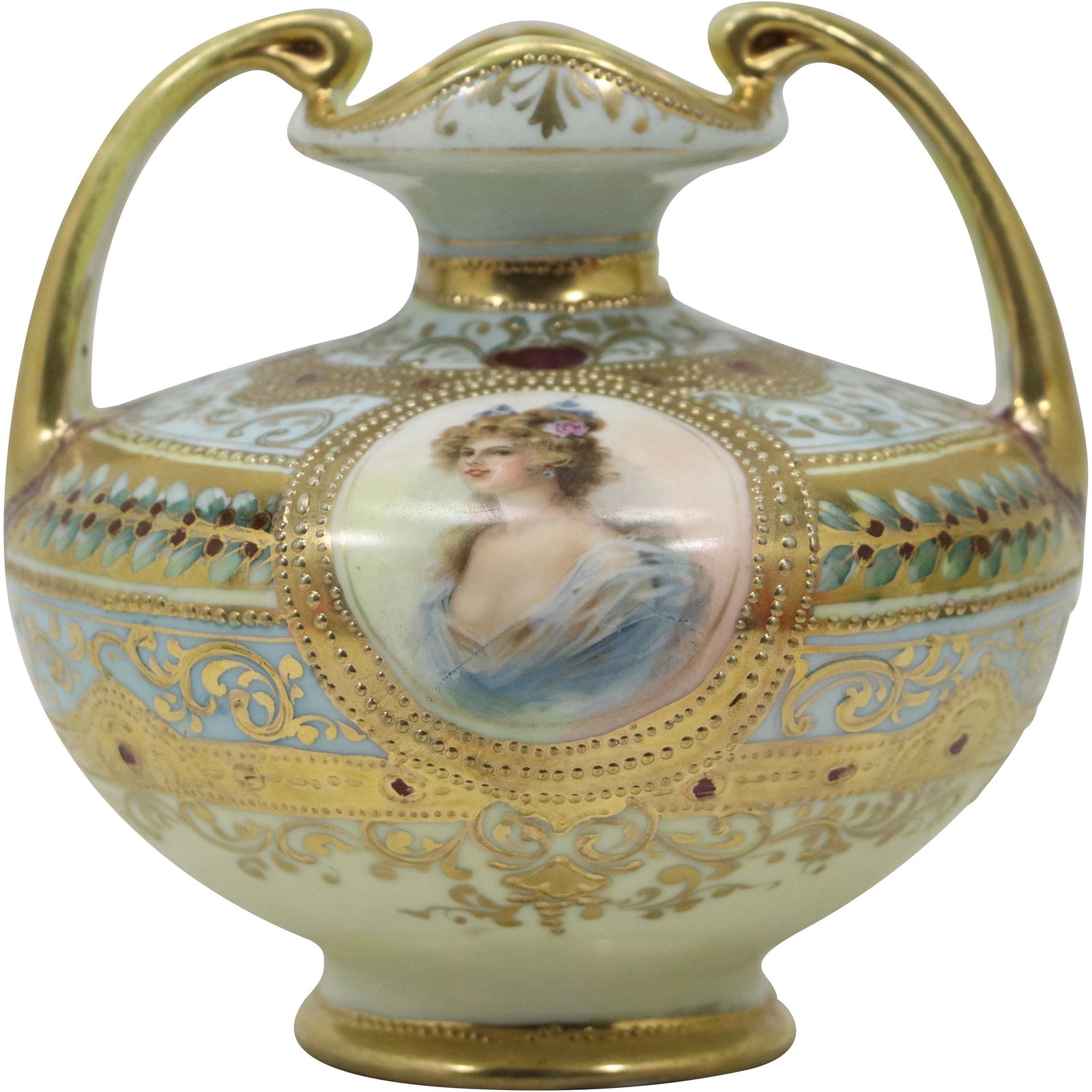NIPPON Unsigned Very Ornate Gold Decorated Handles Vase with Woman Portrait Panel (1 of 11)