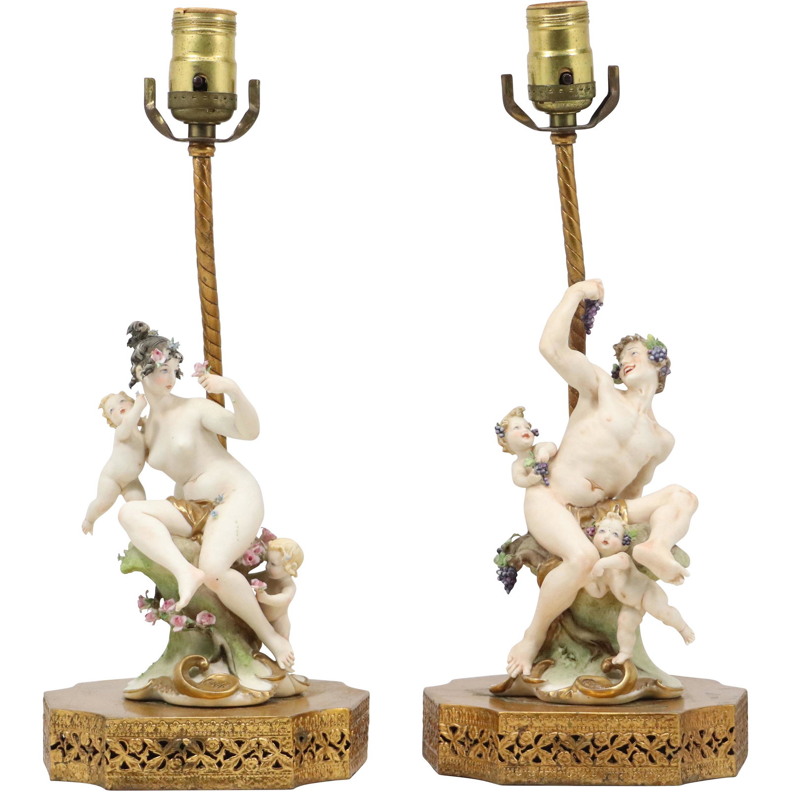 [2] TWO Italian Capodimonte Giuseppe Cappe NUDE MAN & WOMAN Figurative Lamps: [2] TWO Italian Capodimonte Giuseppe Cappe NUDE MAN & WOMAN Figurative Lamps. Signed. Fine Porcelain.