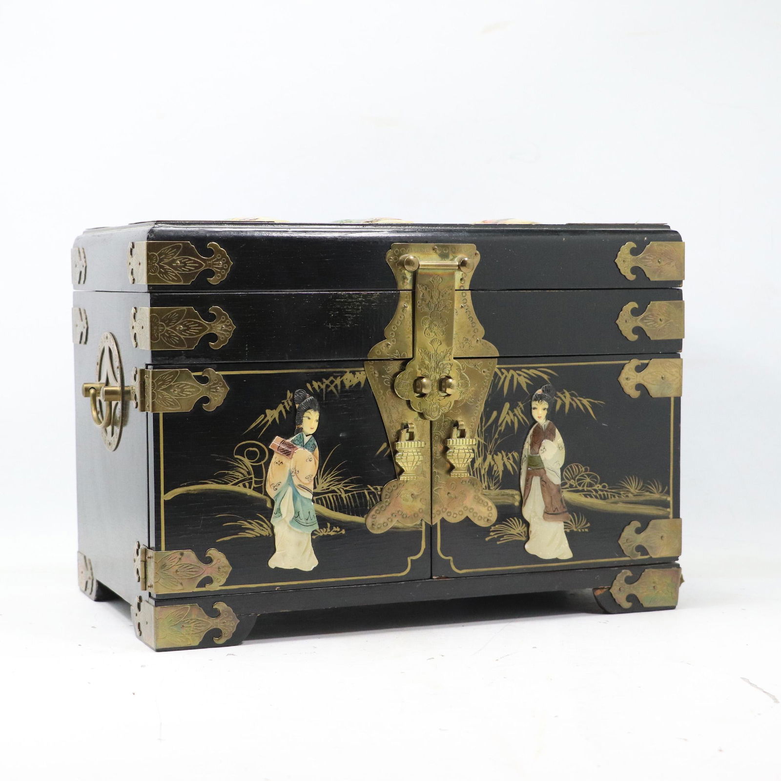 Chinese Black Lacquered Multi Drawer Jewelry Chest Hardstone Figures (1 of 9)