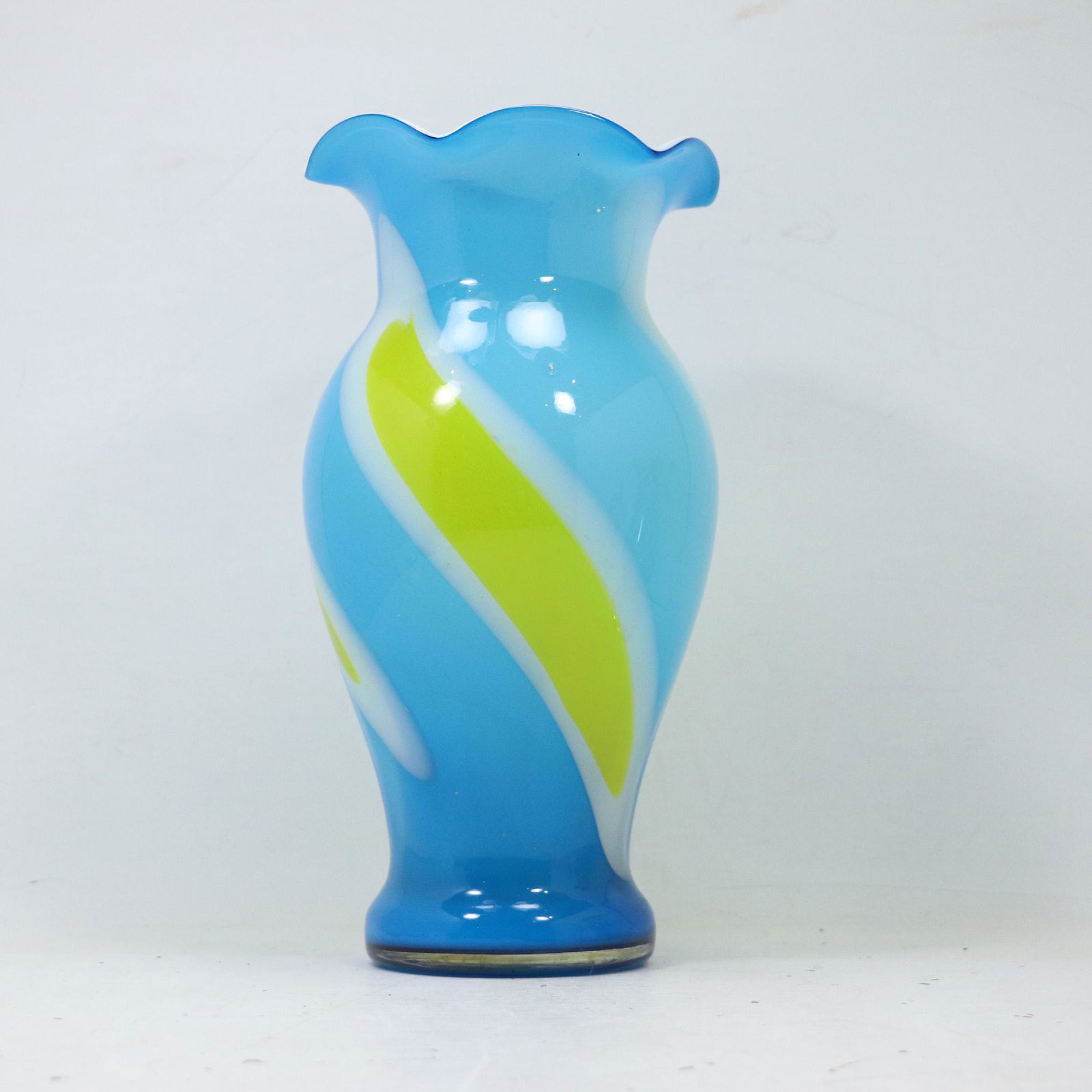 Blue Glass Vase with White & Yellow Ribbon Band Swirl (1 of 7)