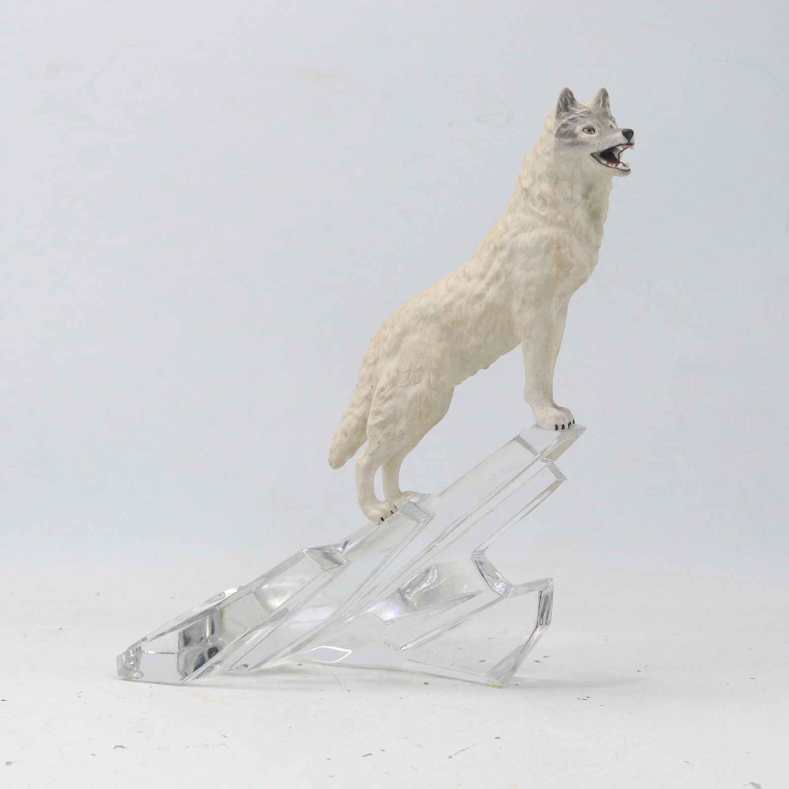Bisque Porcelain Wolf Figure Perched on a Glass Iceberg Formation Signed c. 1988 FM (1 of 11)
