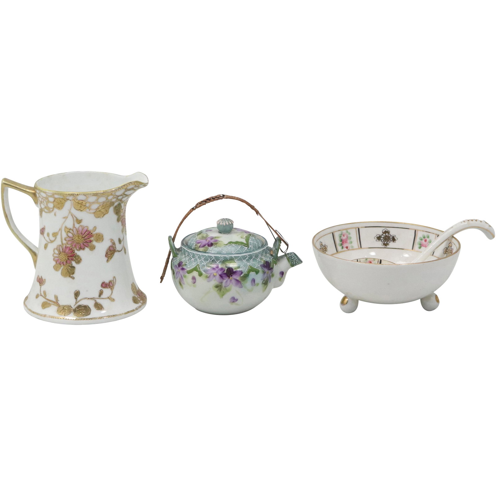 [4] Assorted NIPPON Moriage Small Teapot, Pitcher, Bowl, Ladle: [4] Assorted NIPPON Moriage Small Teapot, Pitcher, Bowl, Ladle. size: spoon 5h 1.75w bowl 2h 4.5w pour 4h 4.5w tea pot 3h 4w