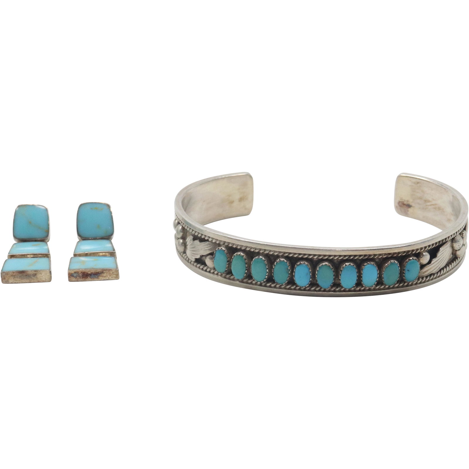 ZUNI Silver & Turquoise Cuff Bracelet and .925 Turquoise Earrings (1 of 6)