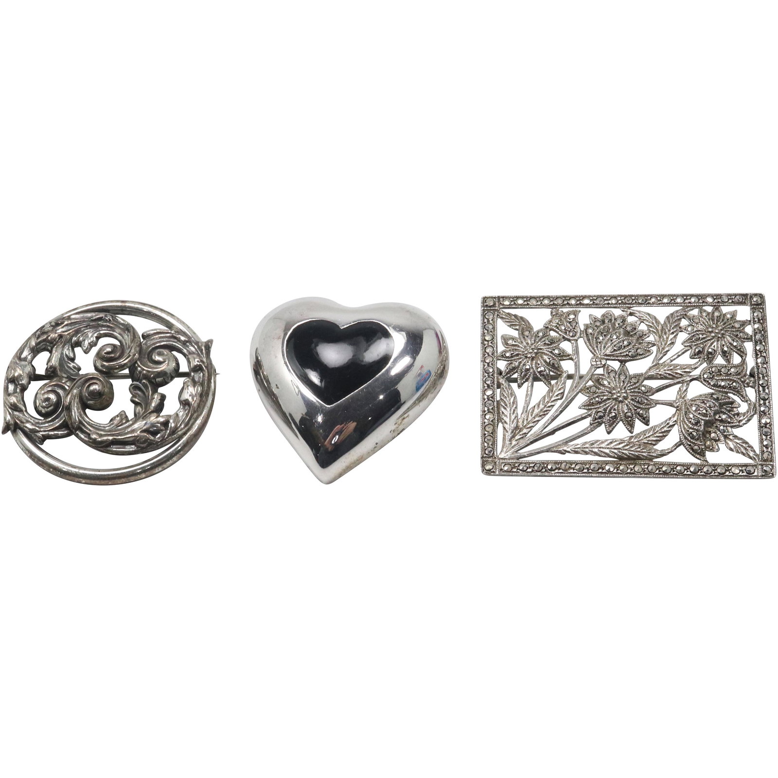 .925 STERLING Marcasites Flower Pin; Beau Sterling Round Pin; .925 Black Onyx Pin (1 of 8)