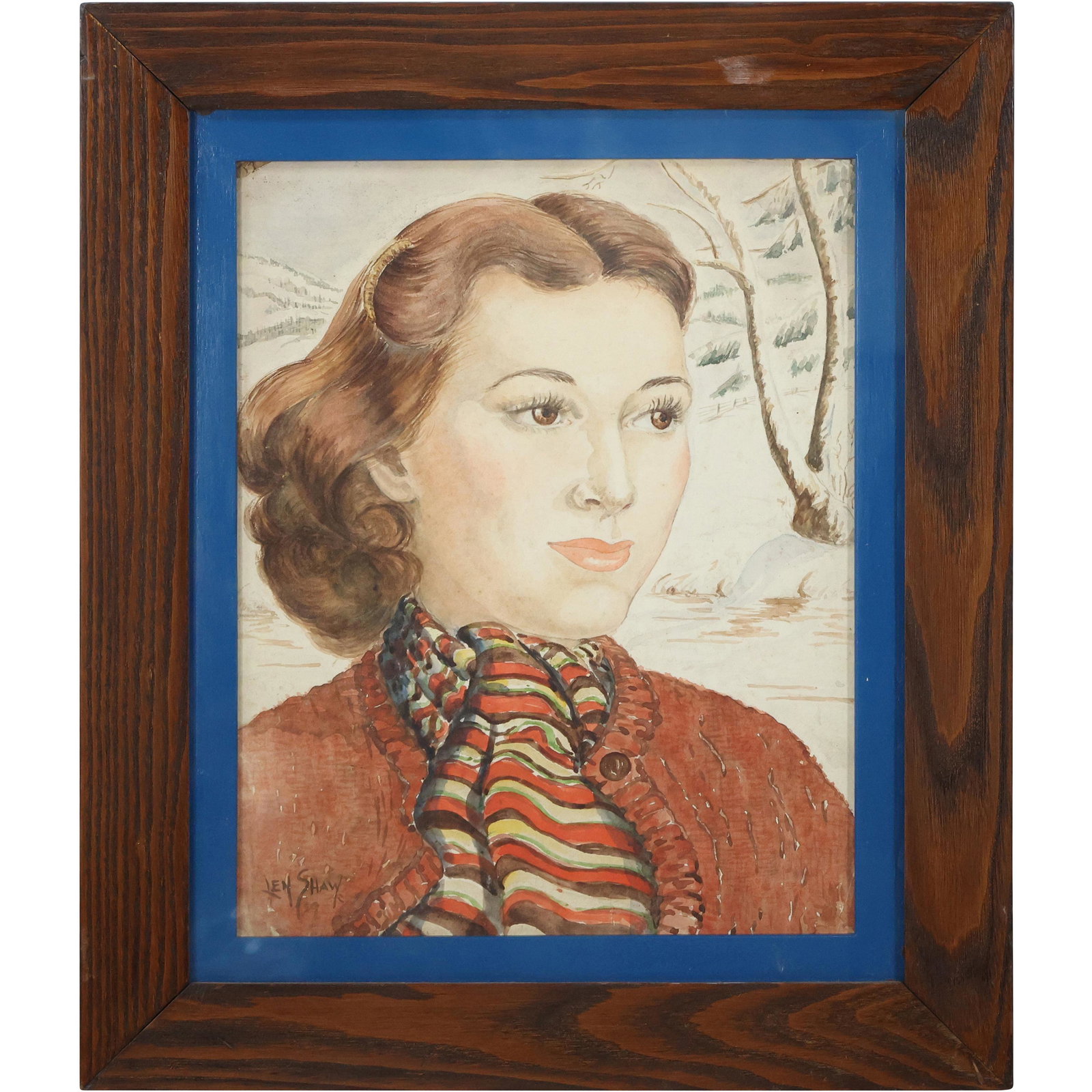 LEN SHAW, Carmel California, 1940s Watercolor Portrait Woman - Signed - Framed: LEN SHAW, Carmel California, 1940s Watercolor Portrait Woman - Signed - Framed. size: 14.5 x 11.5, 19.5 x 16.5 outside frame. ASKart: Len Shaw (20th century) was active/lived in California. Len Shaw i