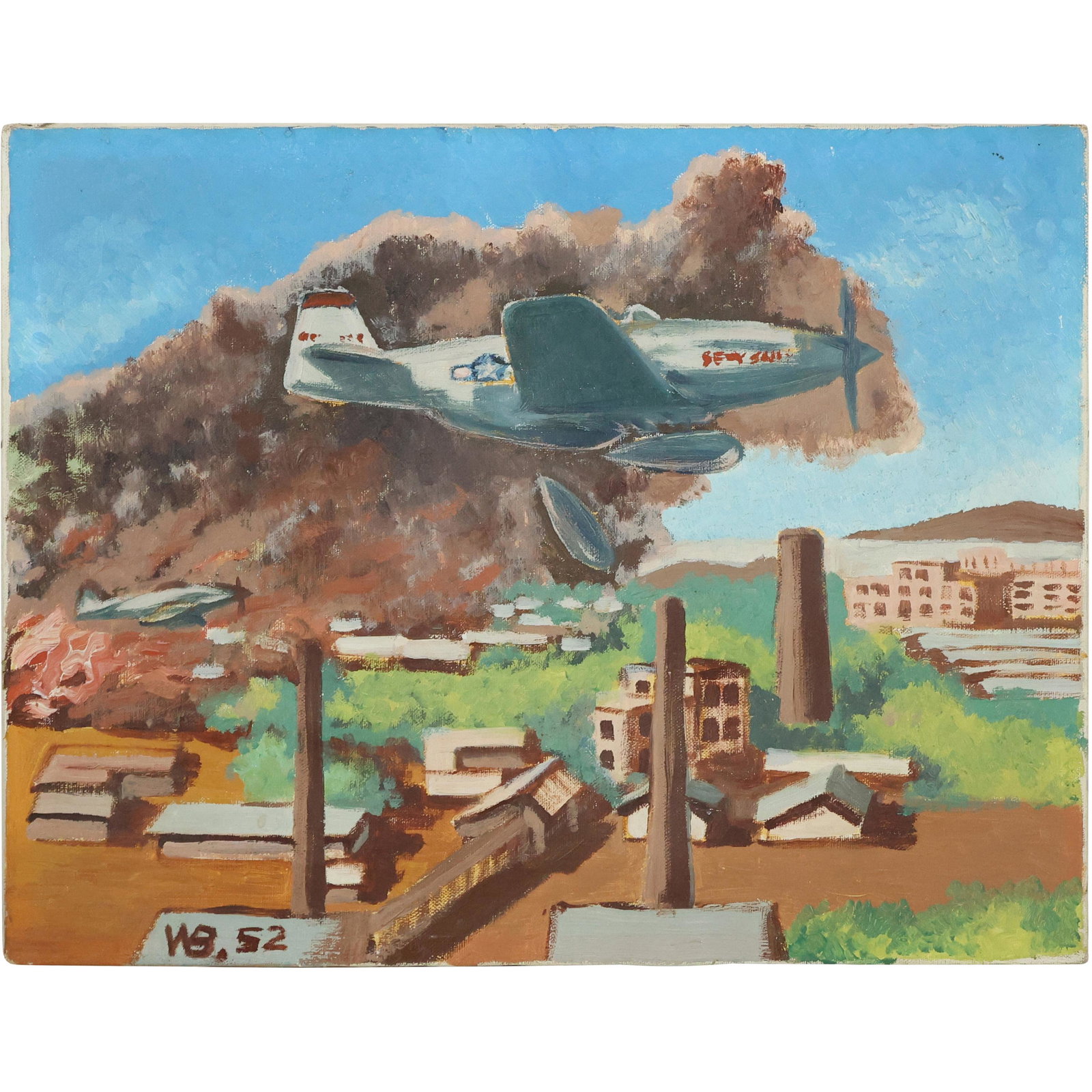 Lt Walter V Biggs, Hung Nam, Korea 1952, Oil/c, Airplane over Factory Painting (1 of 11)