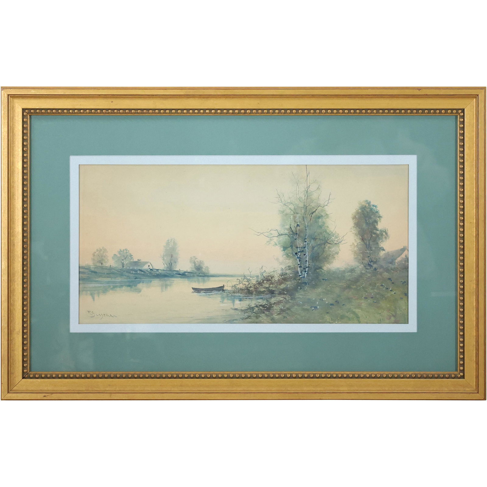 R Suizeman, 19th C. Watercolor Painting River Landscape with Small Boat - Signed (1 of 10)