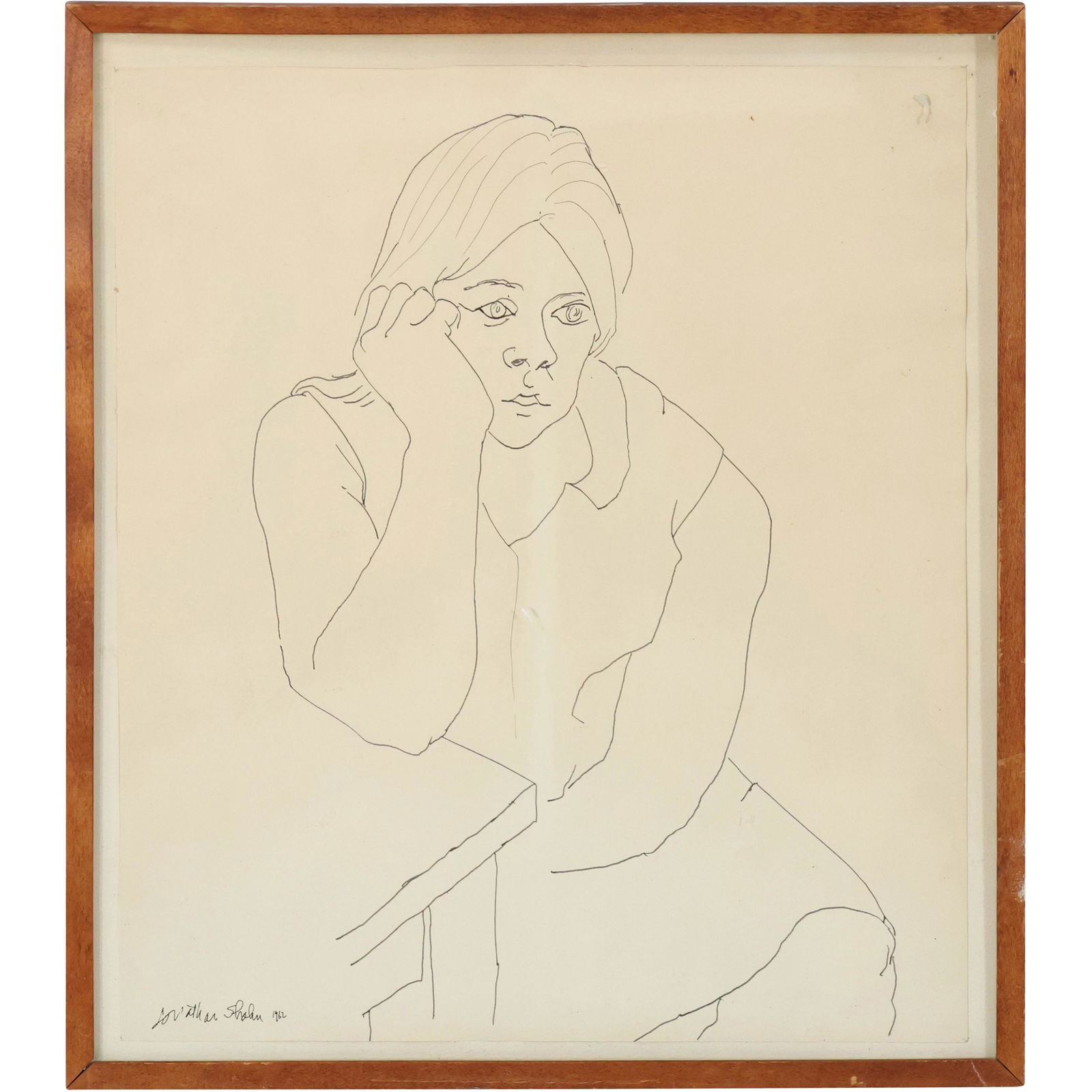 Jonathan Shahn 1962; Ink Drawing Seated Young Woman - Signed and Dated - Framed (1 of 10)