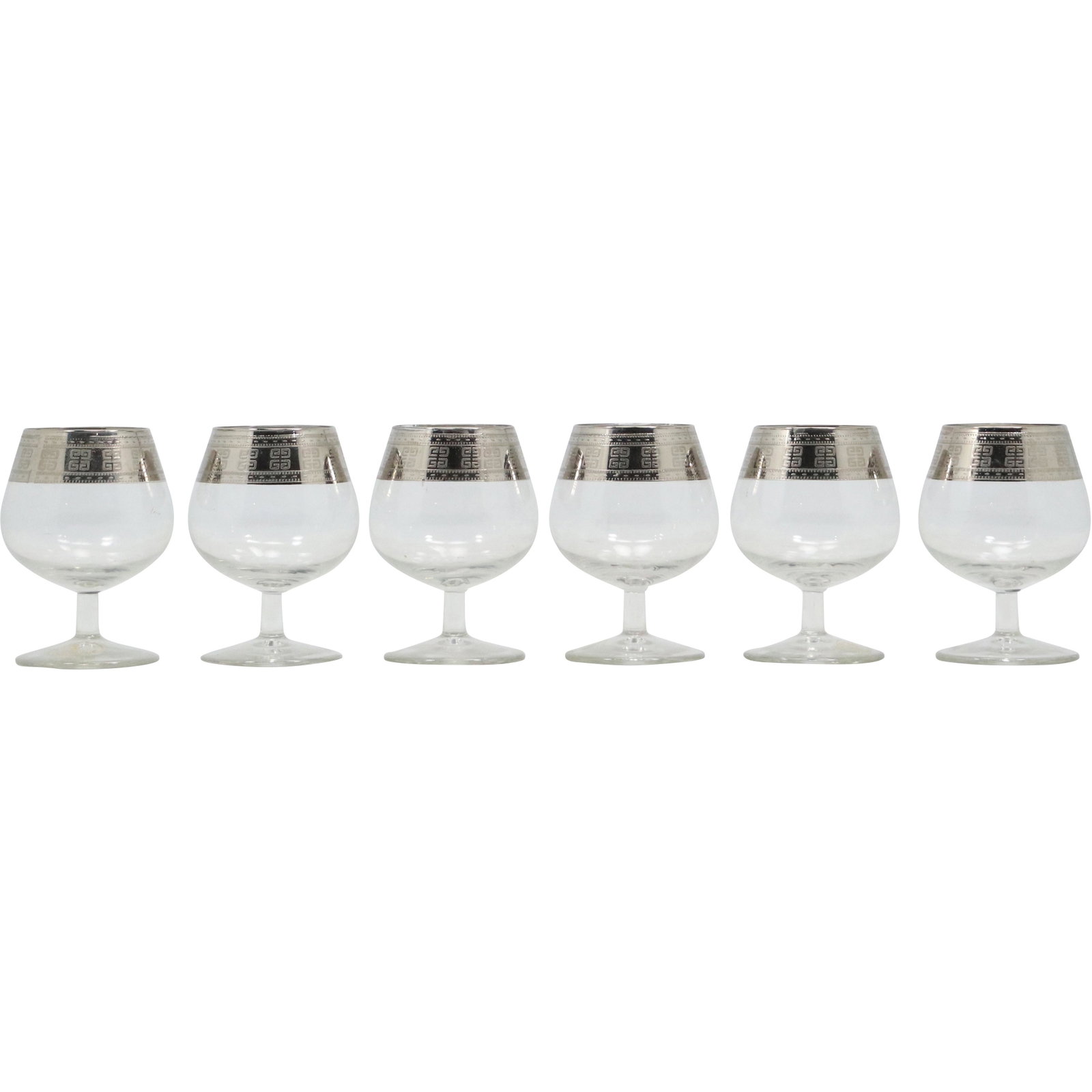 [6] Six MADE IN ITALY K. PREZIOSI LAVORATO A MANO SILVER RIM COCKTAIL GLASSES: [6] Six MADE IN ITALY K. PREZIOSI LAVORATO A MANO SILVER RIM COCKTAIL GLASSES. size: 3.75h 2.5w