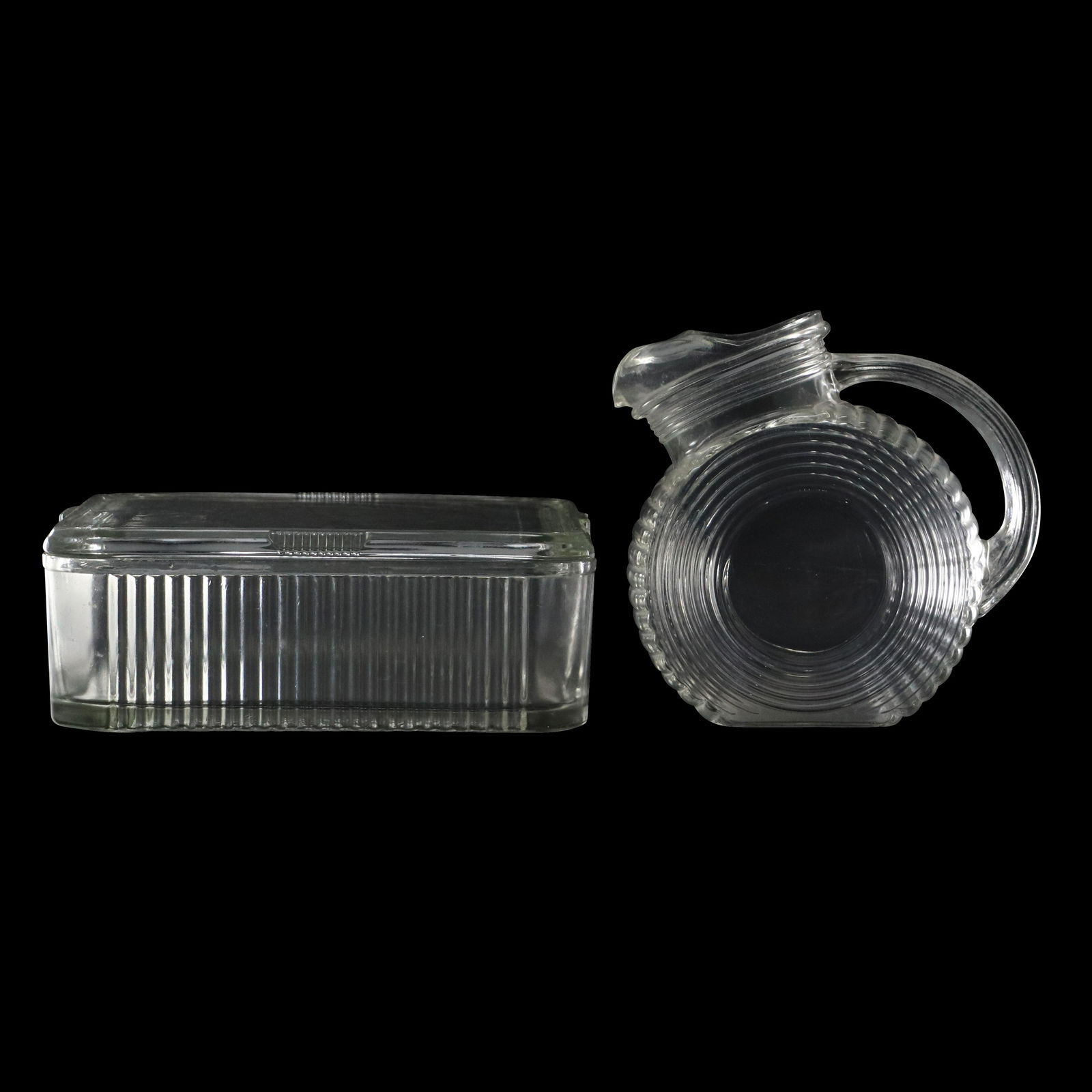Depression Era Glass Water Pitcher and Covered Refrigerator Container Dish (1 of 8)