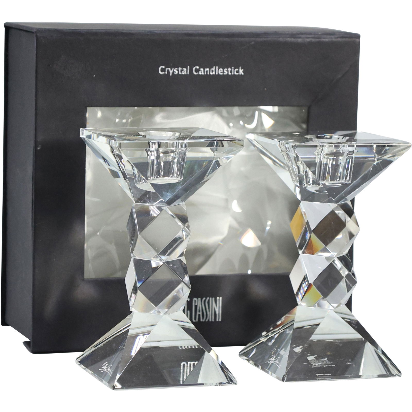 [2] Two OLEG CASSINI Crystal Faceted Candlesticks in Box - Signed (1 of 7)