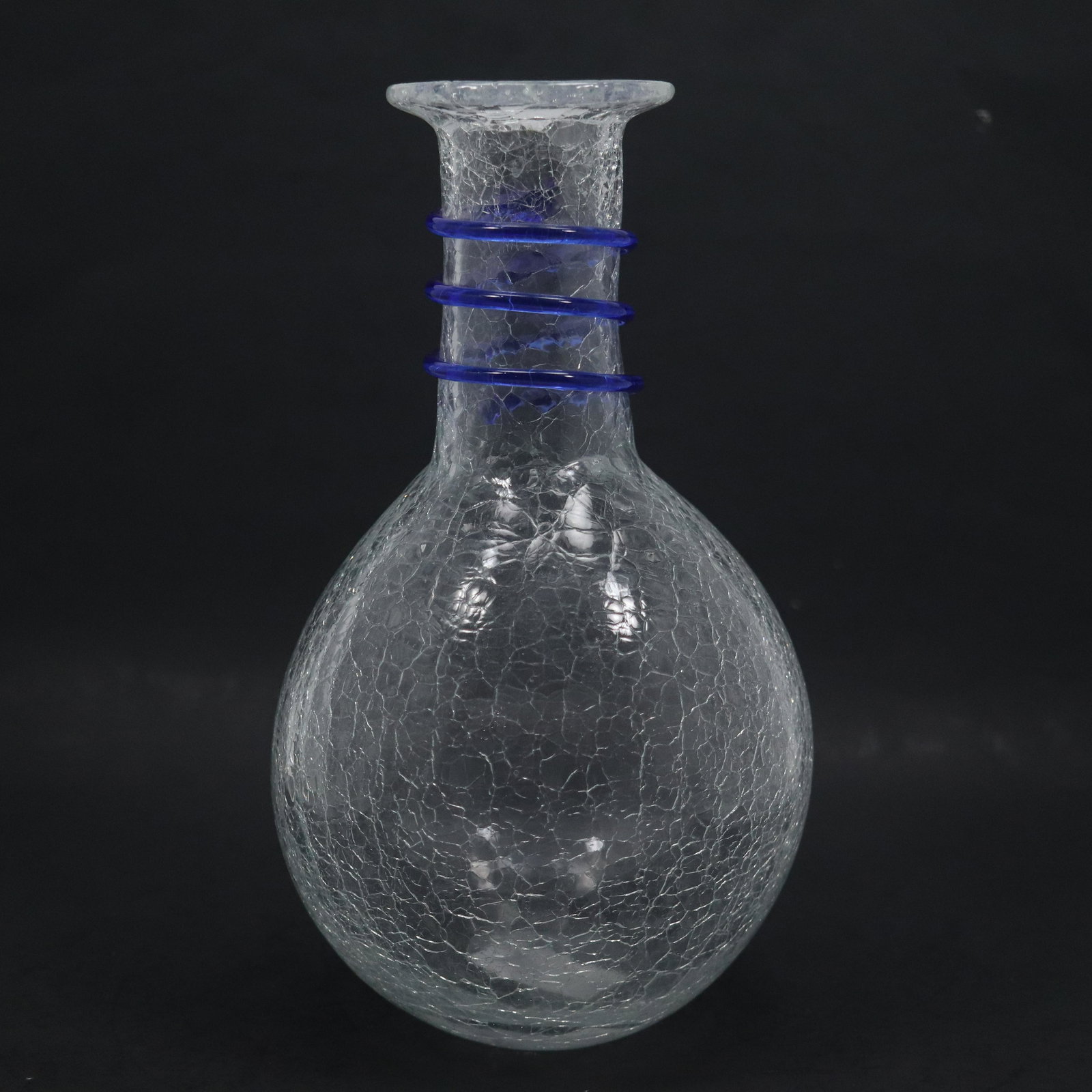 Crackle Glass Tall Vase with Blue Rings Top 11.75 inches Height (1 of 8)