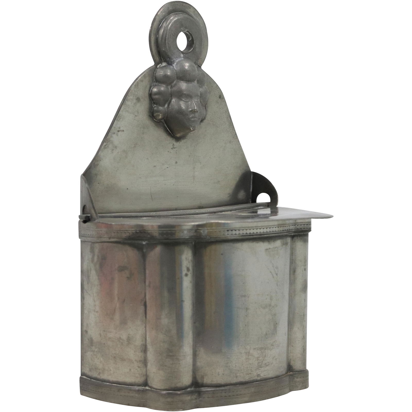 Pewter Hanging Kitchen Salt Box with Face at the Crest (1 of 7)