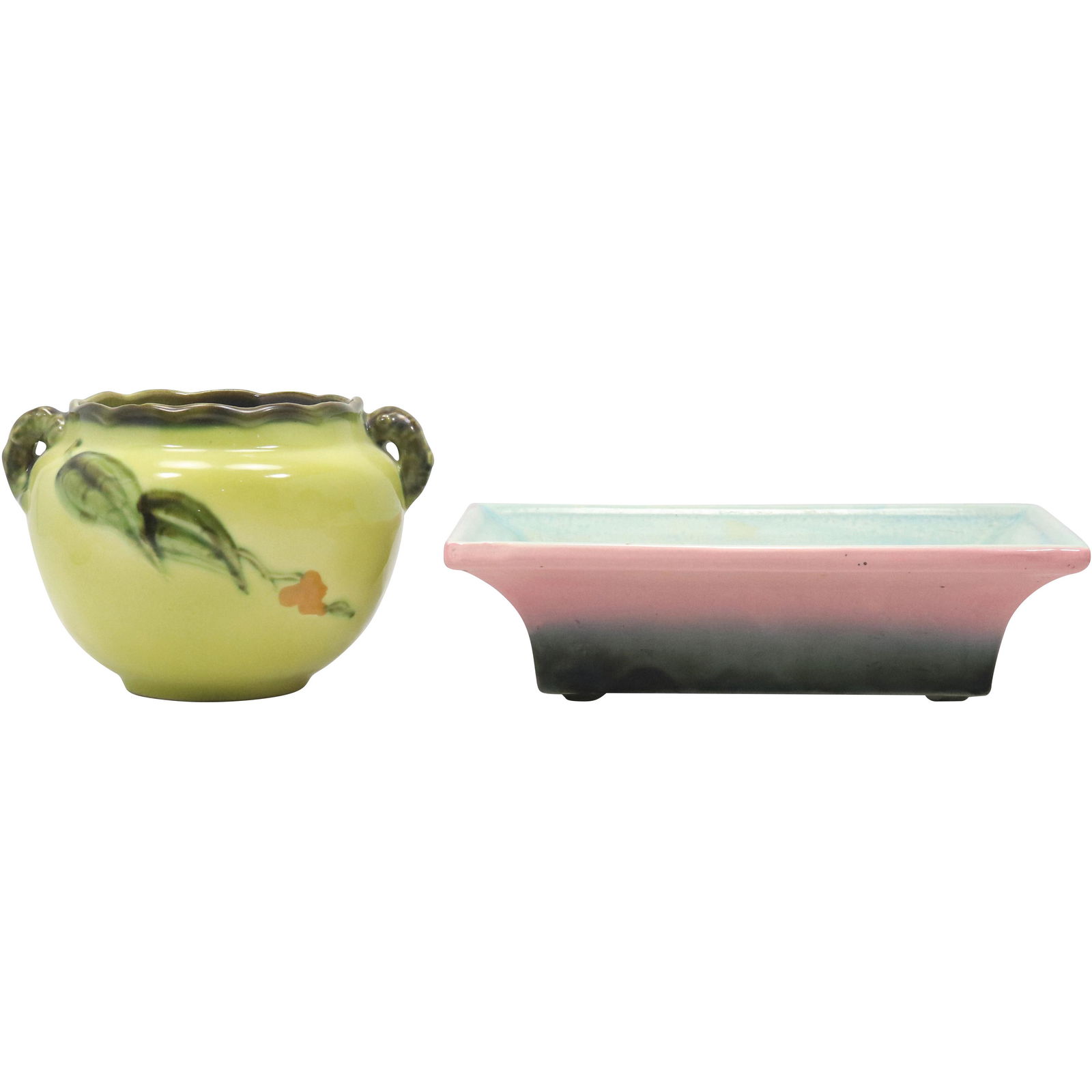 [2] TWO Vintage HULL Pottery Yellow Vase and Pink Tray Bowl (1 of 9)