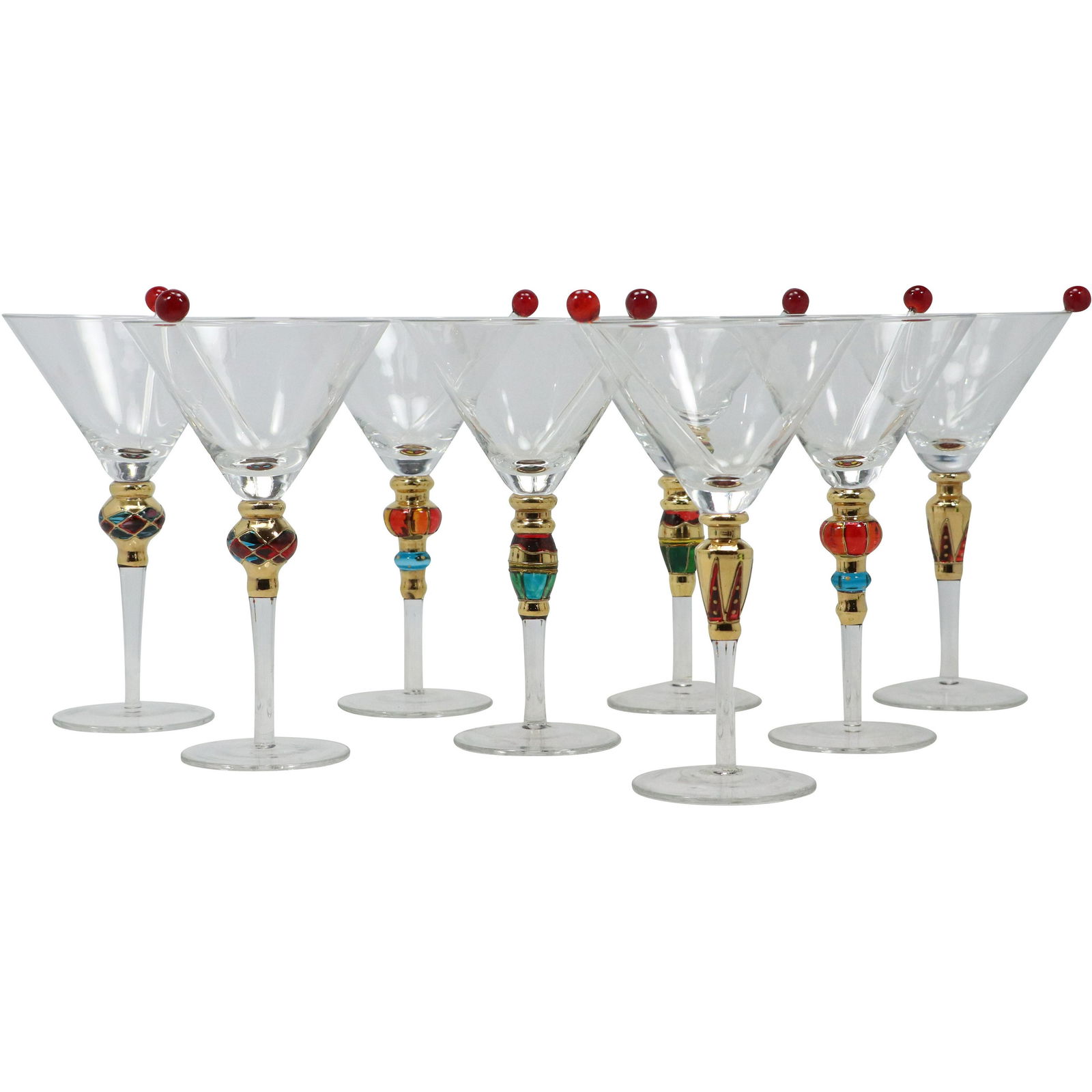 [8] EIGHT Fine Bohemian Crystal Martini Glasses with Gold and Colored Knobs in Center Stem (1 of 14)