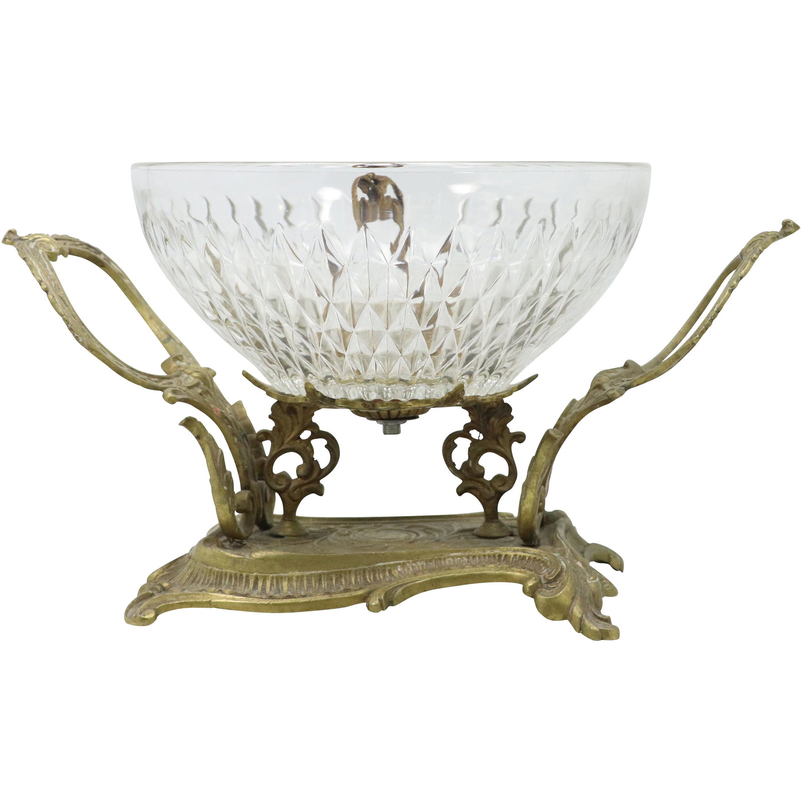 19th C. Victorian Crystal Glass Center Bowl in BRONZE CRADLE HOLDER STAND (1 of 8)