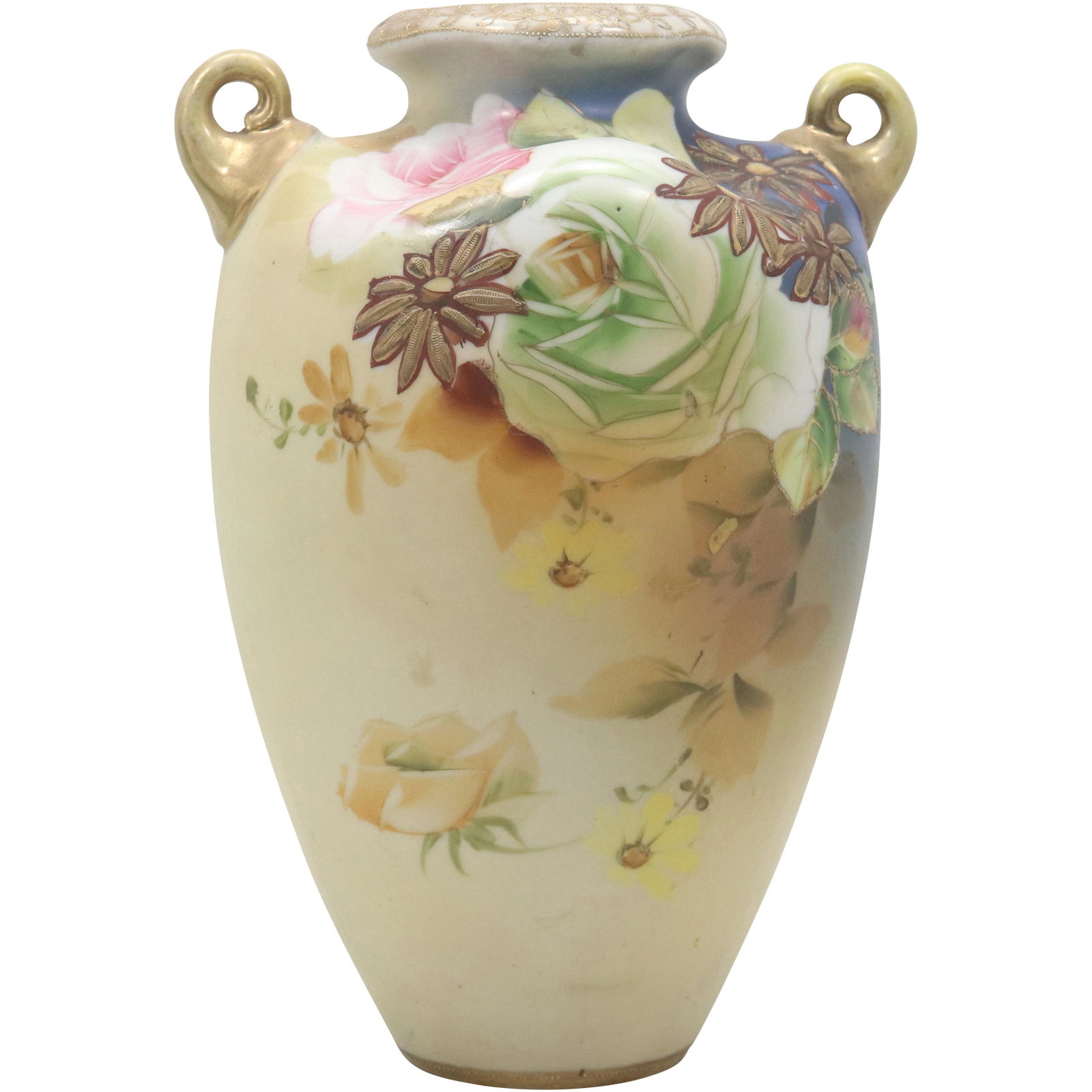 NIPPON Porcelain Vase with Handles, Hand Paint Flowers, Gold Accents: NIPPON Porcelain Vase with Handles, Hand Paint Flowers, Gold Accents. Marked on base: NIPPON Hand Painted. size: 10.5h 7w