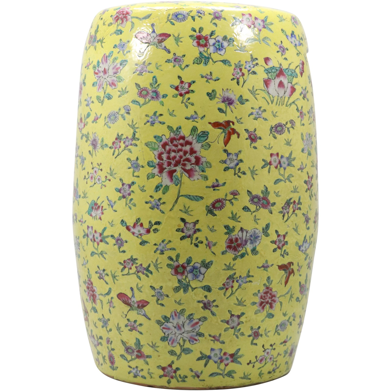 Chinese Porcelain Garden Seat Yellow with All Over Floral Decoration: Chinese Porcelain Garden Seat Yellow with All Over Floral Decoration. size: 18h 11w