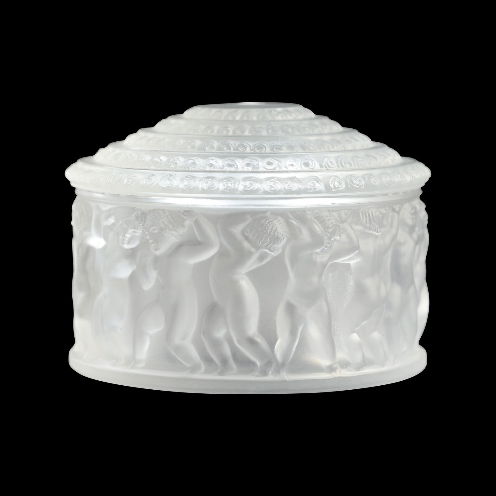 Signed LALIQUE FRANCE Satin Glass Covered Round Box NUDES ALL AROUND (1 of 9)