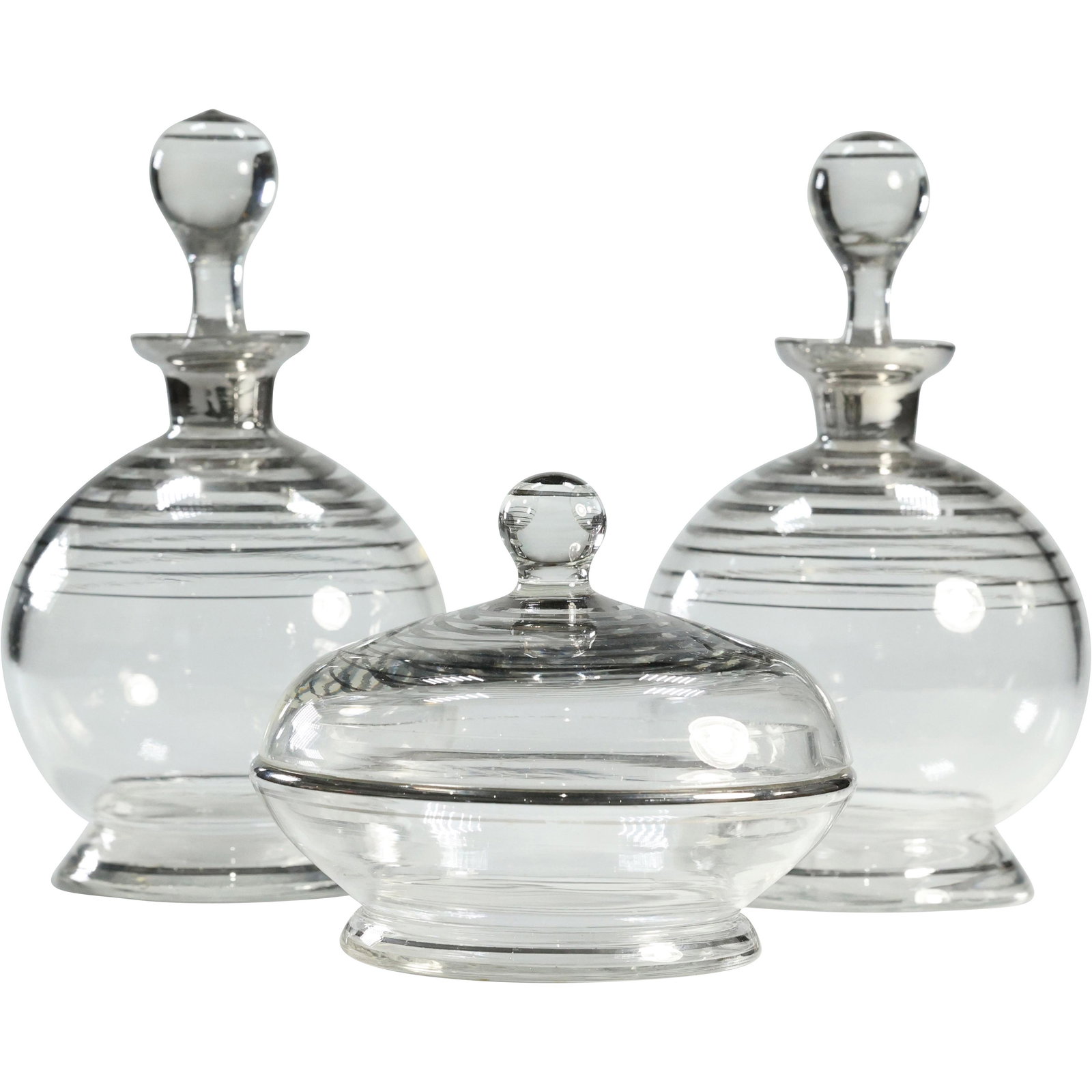 Fabulous 3 Piece ART DECO Silver Rim 2 Decanters & Covered Bowl Set (1 of 12)