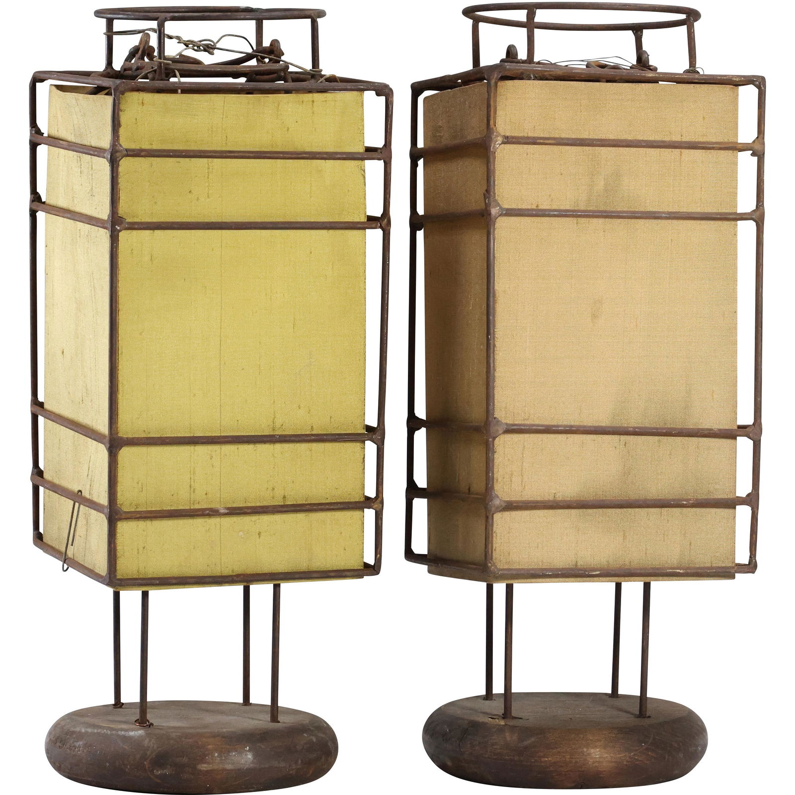 [2] Mid-Century Modern Squared Metal Wire & Fabric Lanterns on Wood Bases (1 of 8)