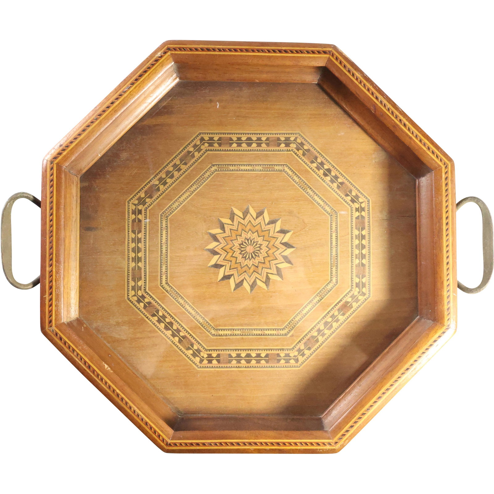 Vintage Exotic Woods Inlay Octagon Serving Tray with Handles: Vintage Exotic Woods Inlay Octagon Serving Tray with Handles. size: 1.75 x 12.75 x 11