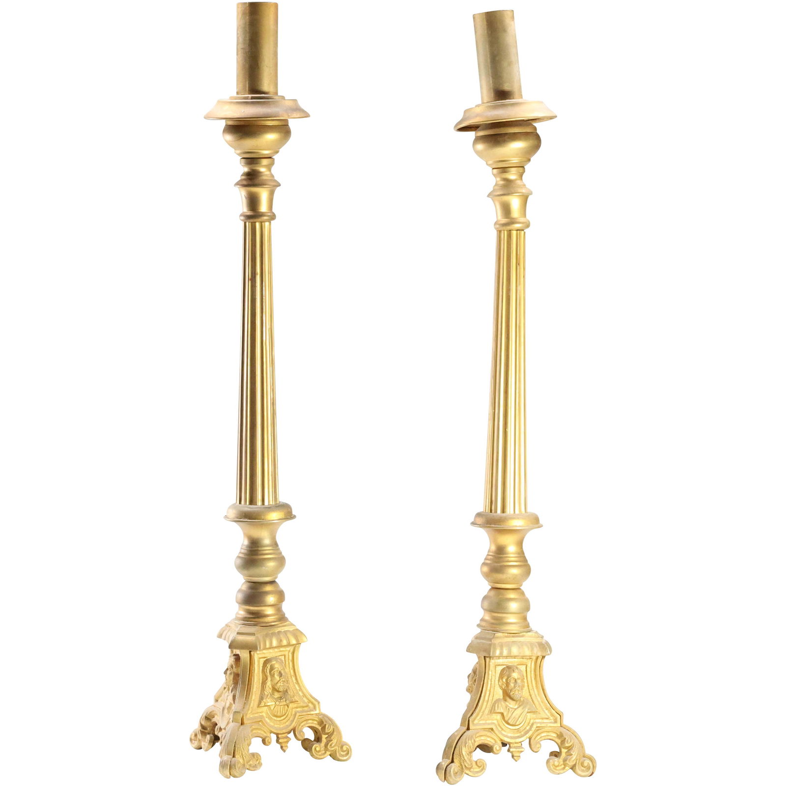 [2] TWO Tall Brass Religious Candlesticks Faces of MARY & JOSEPH on Base 21.75 in. Height (1 of 9)