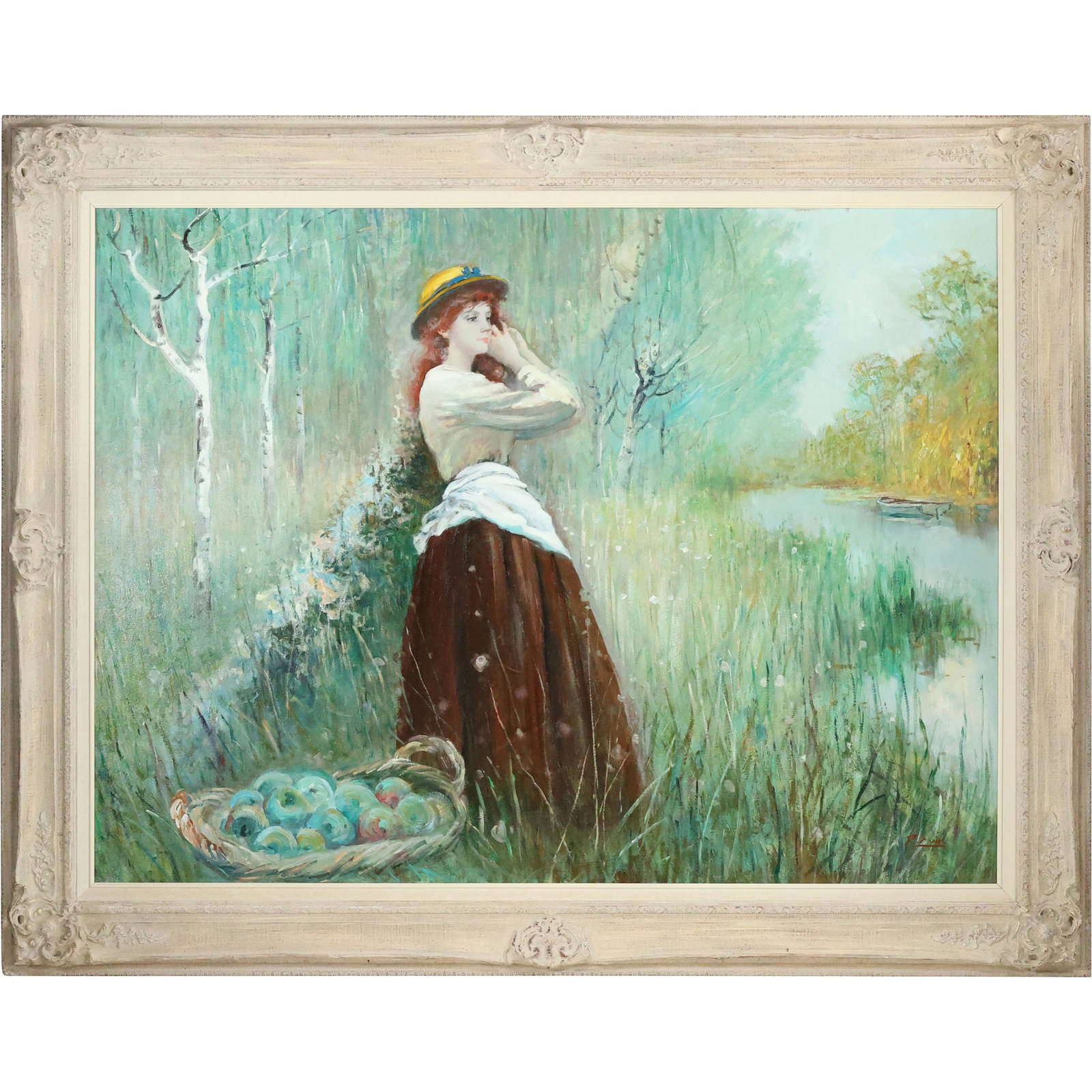 Large Fabulous Estate Painting WOMAN GATHERING APPLES NEAR STREAM Signed (1 of 20)