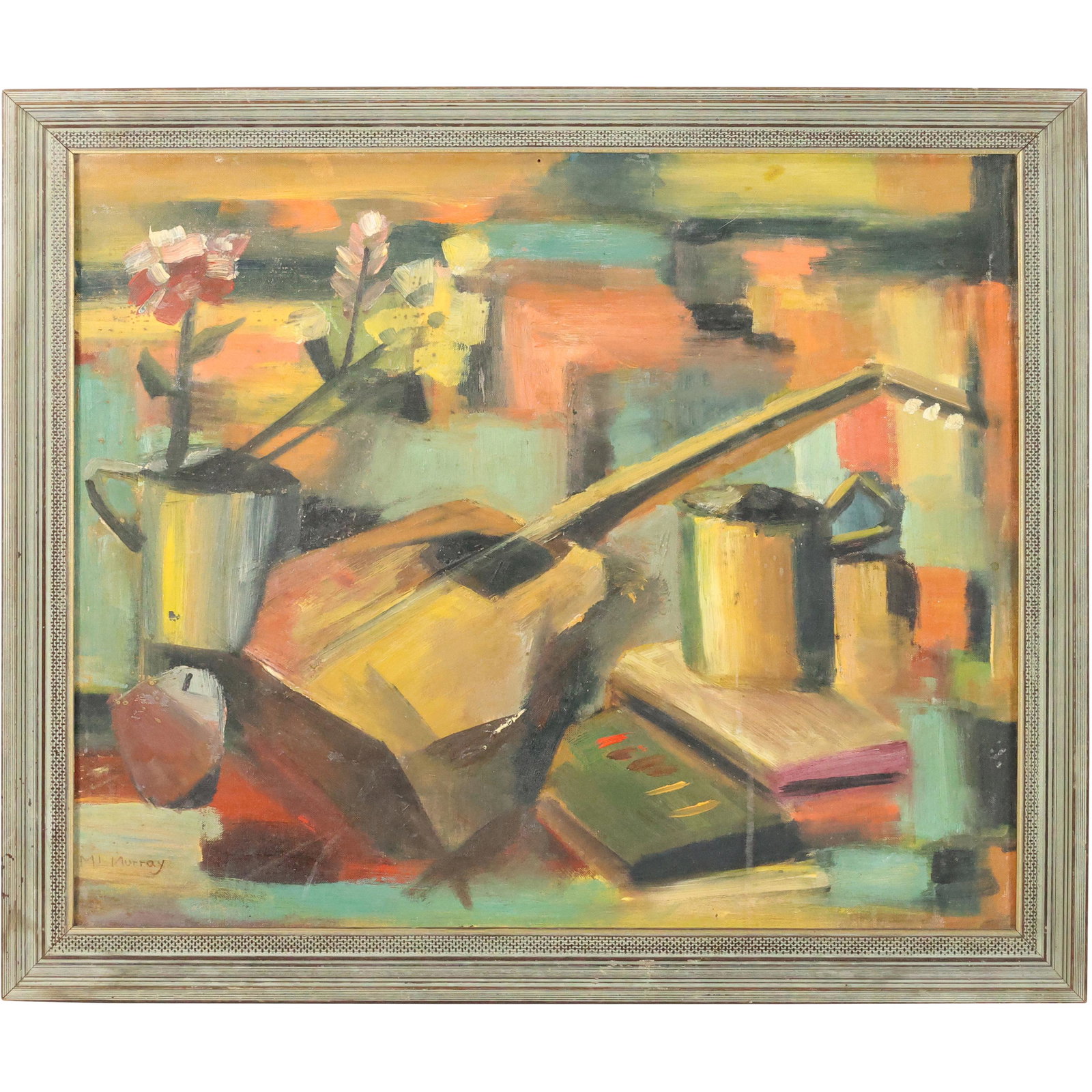 Mid-Century oil on board Cubistic still life with guitar signed M. Murray (1 of 12)