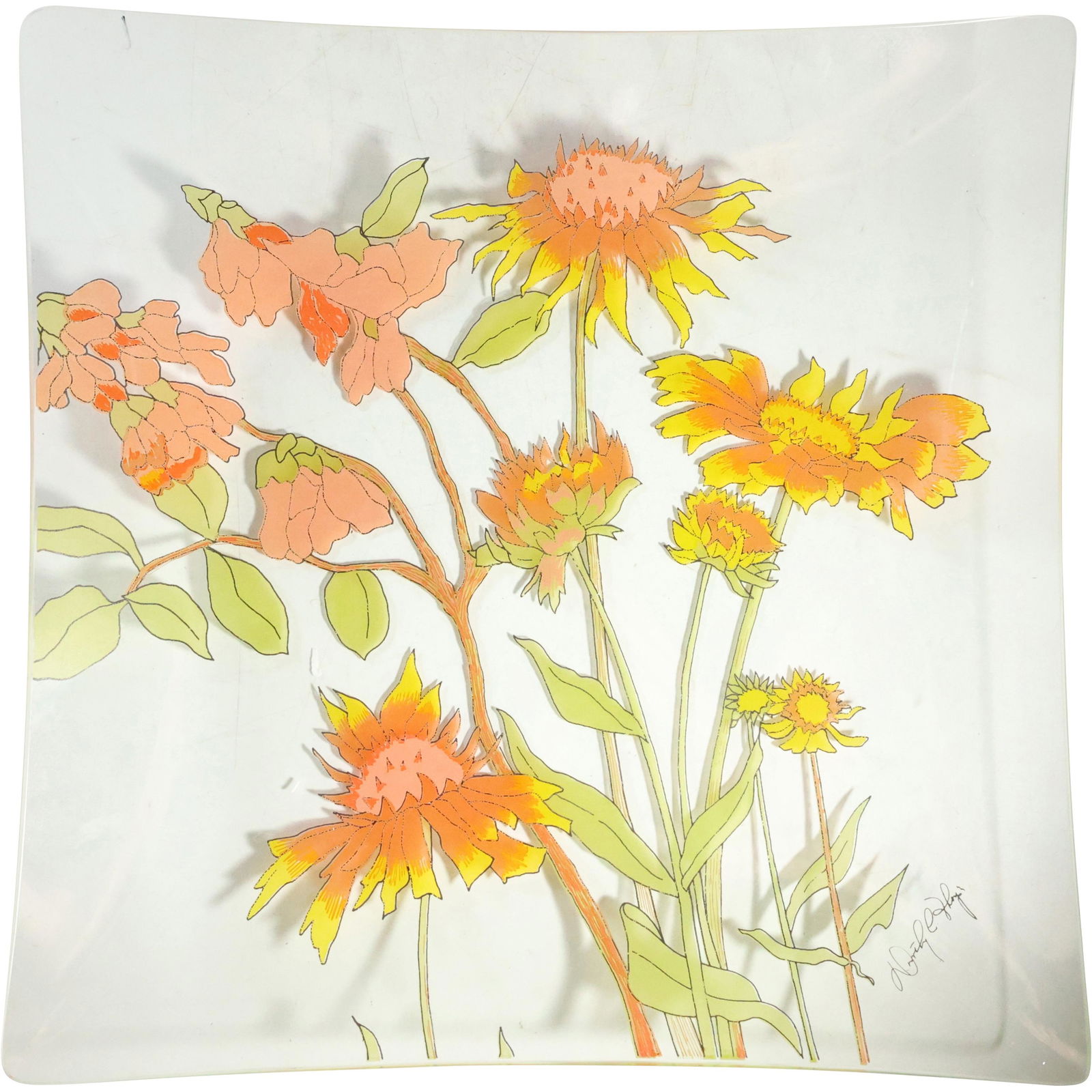 Artist Signed Fused Glass Flowers Square Serving Tray (1 of 8)