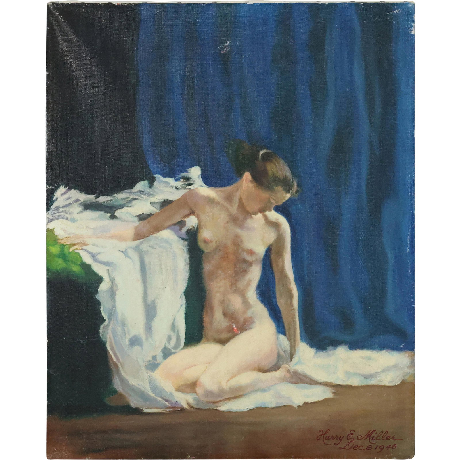 HARRY E MILLER, Dec. 8, 1946; Superb Quality NUDE FEMALE OIL PAINTING: HARRY E MILLER, Dec. 8, 1946; Superb Quality NUDE FEMALE OIL PAINTING. Signed and Dated. Oil on Canvas painting. size: 20 x 16