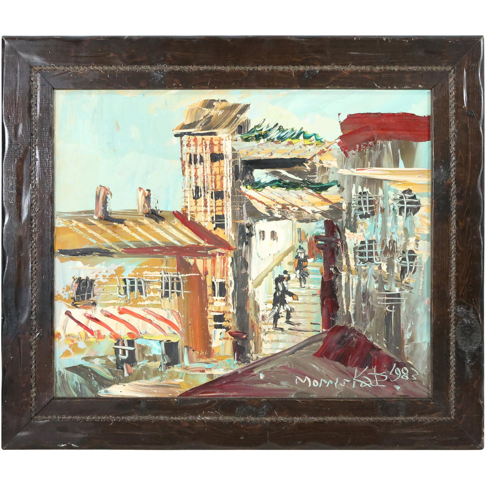 MORRIS KATZ 1983, Jewish - American Artist, Hasidic Jews on Town Street, Acrylic Painting: MORRIS KATZ 1983, Jewish - American Artist, Hasidic Jews on Town Street, Acrylic on board Painting. Signed and dated. Original Frame. Well Listed Artist. size: 20 x 24, 26.25 x 30.25 outside frame.ASK