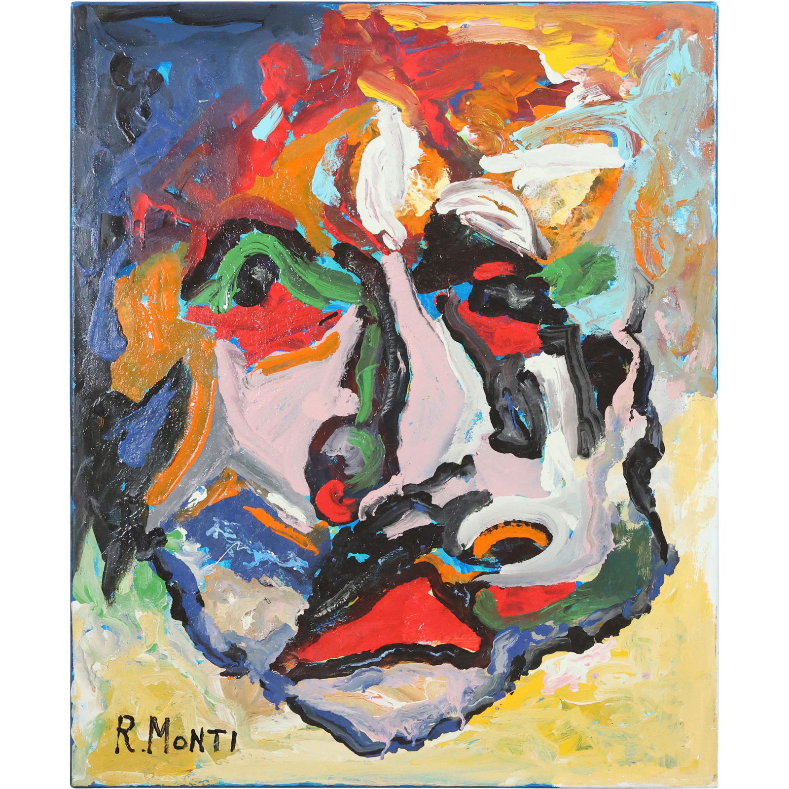 Rocco Monticolo, R Monti, Oil/c ABSTRACT GROTESQUE FACE PORTRAIT, Signed: Rocco Monticolo, R Monti, Oil/c ABSTRACT GROTESQUE FACE PORTRAIT, Signed. Oil on Canvas painting. Well Listed American Artist. size: 30 x 24. ASKart: Rocco Monticolo is a popular Mid-Century Modern Ab