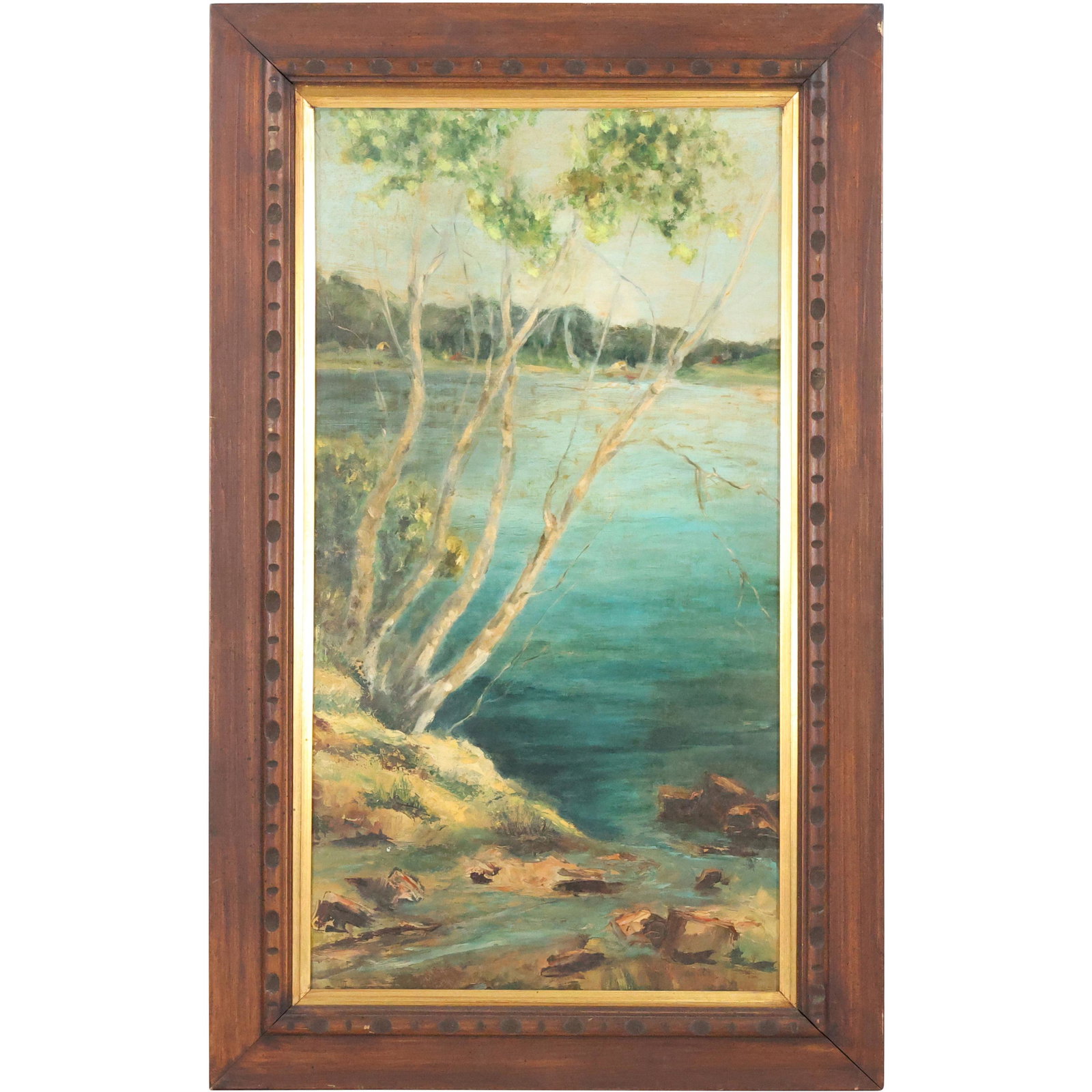 Vintage Oil Painting BIRCH TREES ON RIVER BANK, Original Frame: Vintage Oil Painting BIRCH TREES ON RIVER BANK, Original Frame. Oil on Canvas, size: 31 x 17, 36.25 x 22.25 outside frame