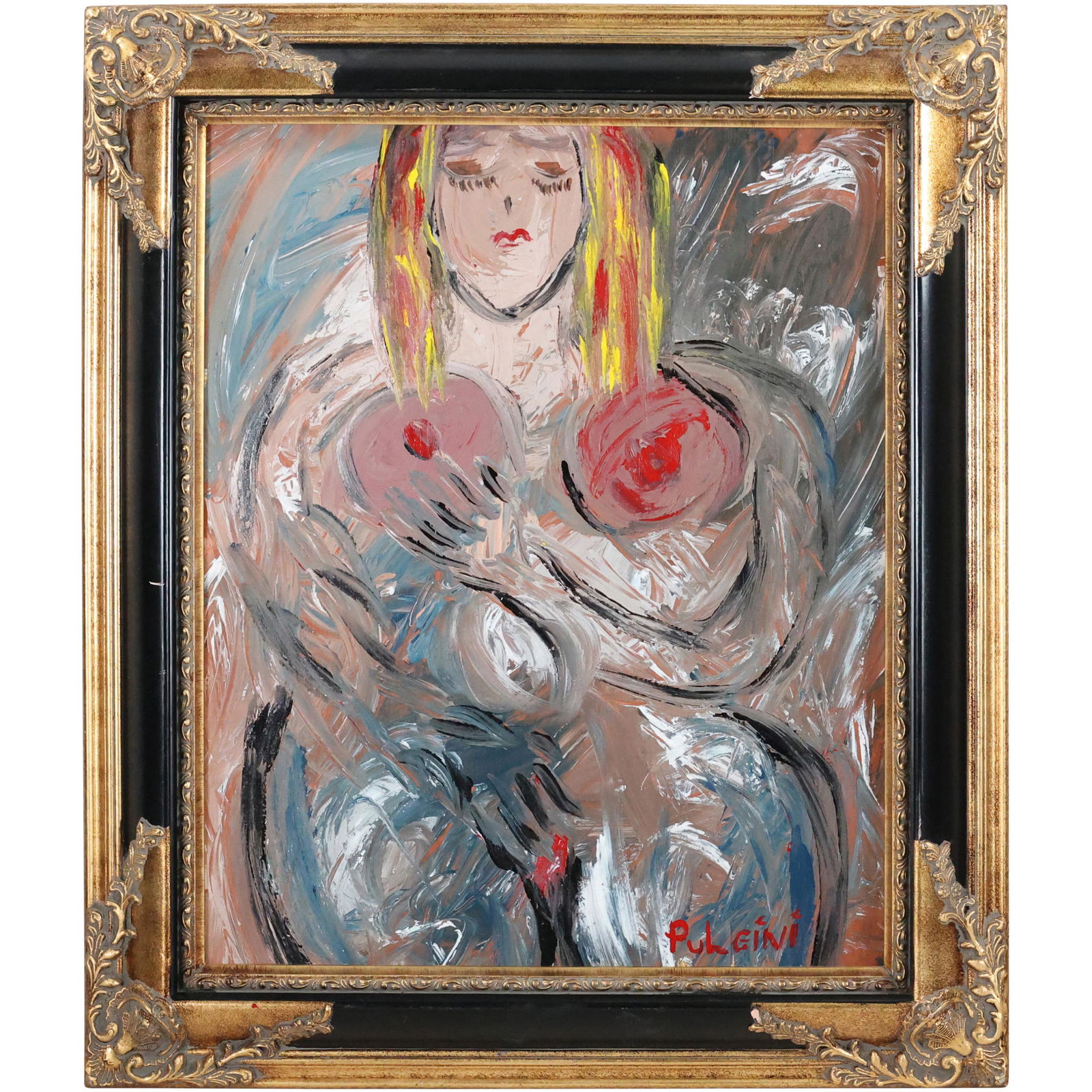 Thomas Pulgini, American, Oil/b ABSTRACT VOLUPTUOUS NUDE WOMAN, Signed: Thomas Pulgini, American, Oil/b ABSTRACT VOLUPTUOUS NUDE WOMAN, Signed. Oil on board painting, Signed on front, Framed. Well listed American Artist. NOTE: A Recent Article about Decorators featured in